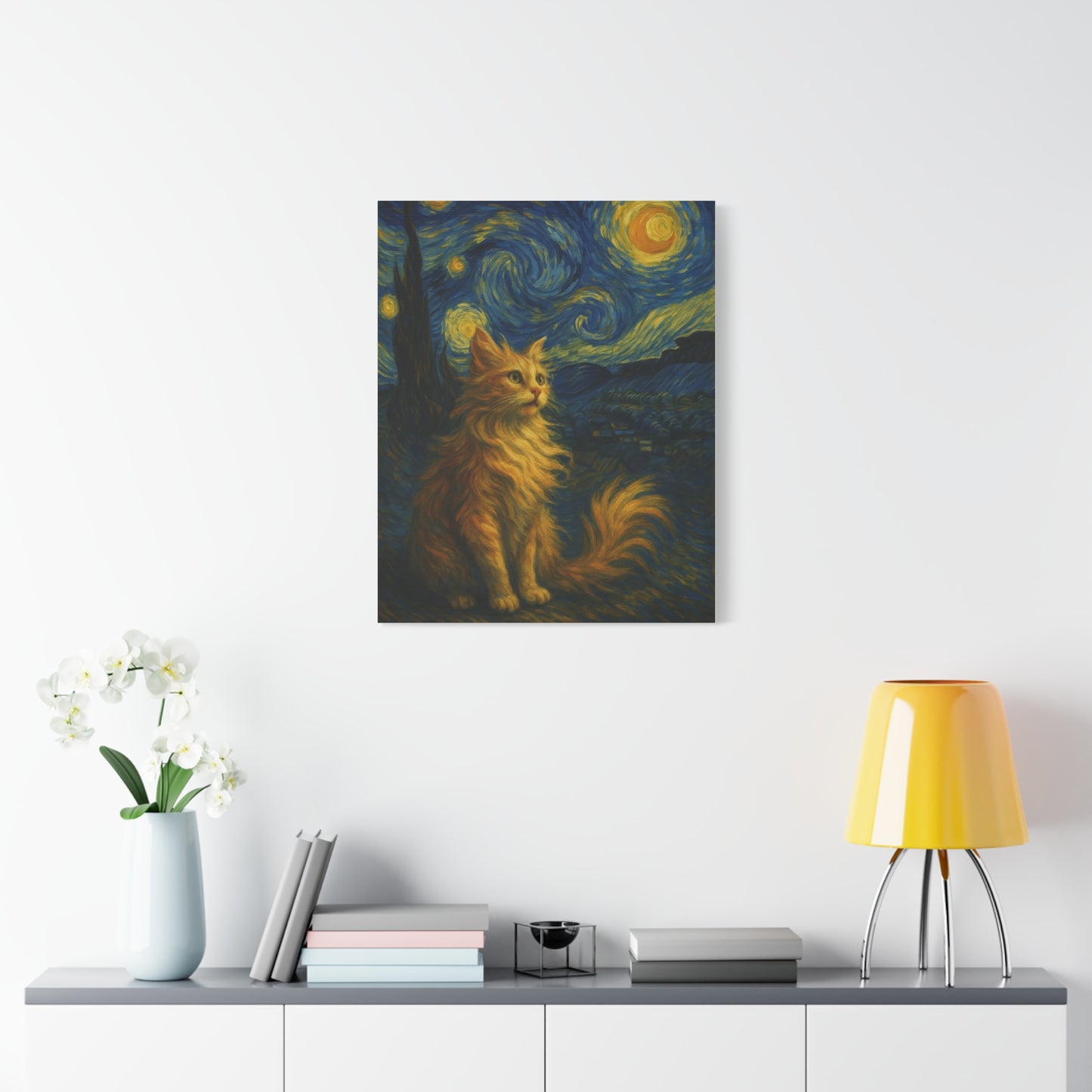 Canvas Print, Cat in Starry Night, Funny Cats, Colourful Vibrant, Matte Wall Art, Stretched Canvas, Home Decor, Gift for Cat Lovers
