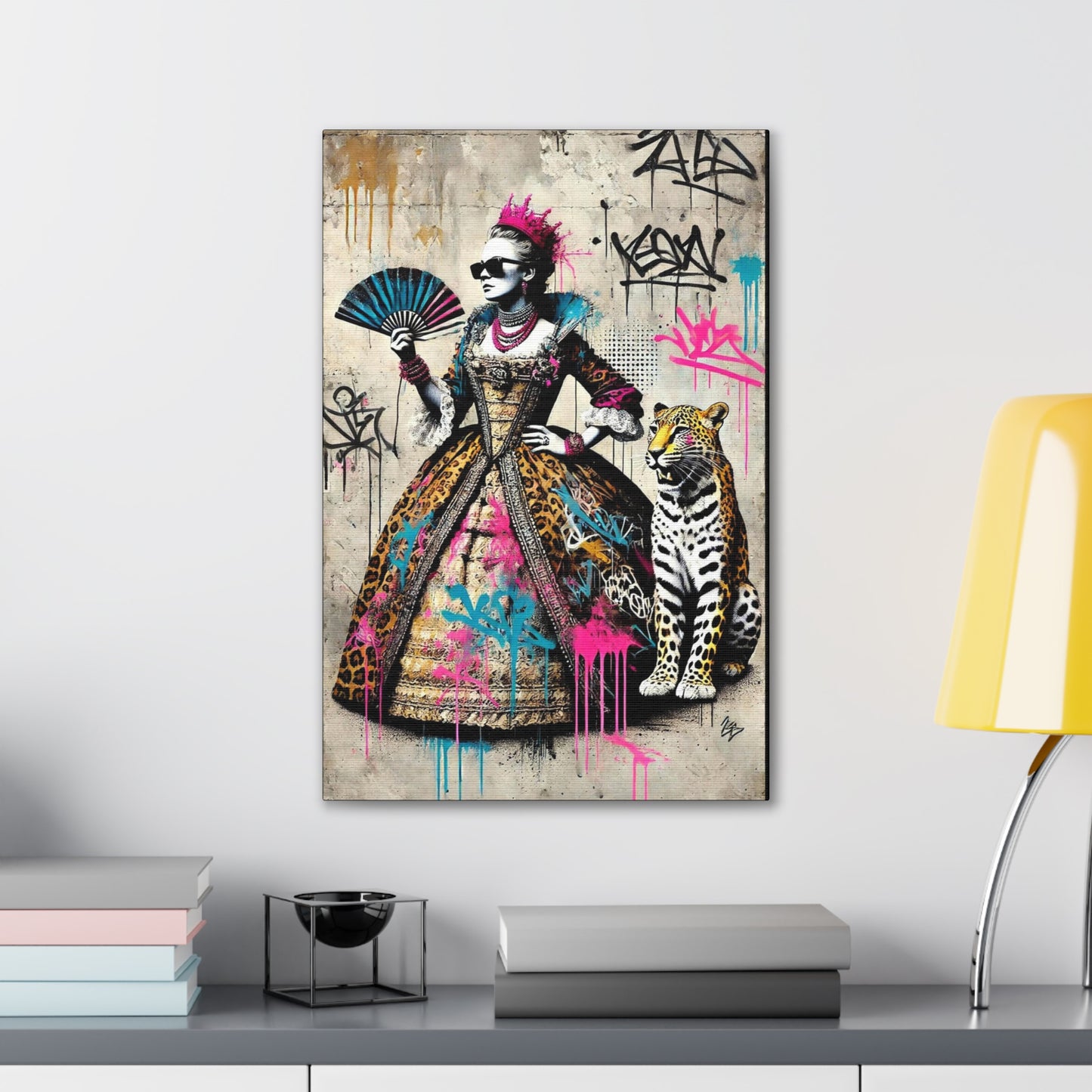 Canvas Print, Street Art Wall Decor, Graffiti Home Art, Queen with Fan, Leopard, Bohemian Decor, Urban Art Poster