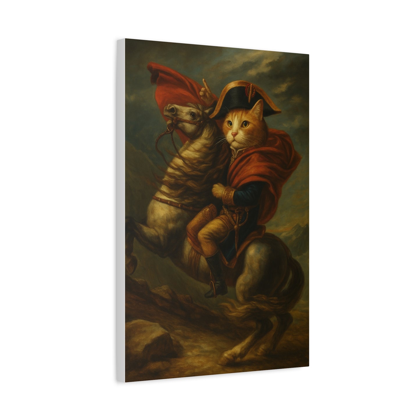 Cat Napoleon Crossing the Alps Decor, Whimsical Home Wall Art, Stretched Matte Canvas, 1 25 Inch, Cat Lover Gift, Funny Animal