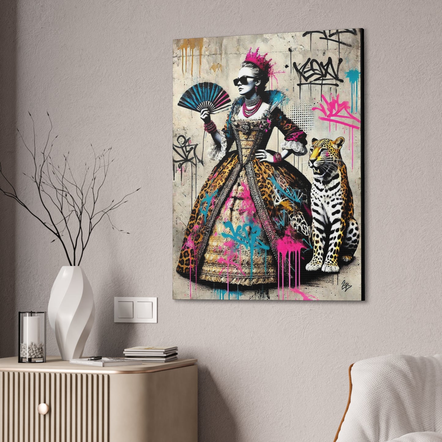 Canvas Print, Street Art Wall Decor, Graffiti Home Art, Queen with Fan, Leopard, Bohemian Decor, Urban Art Poster