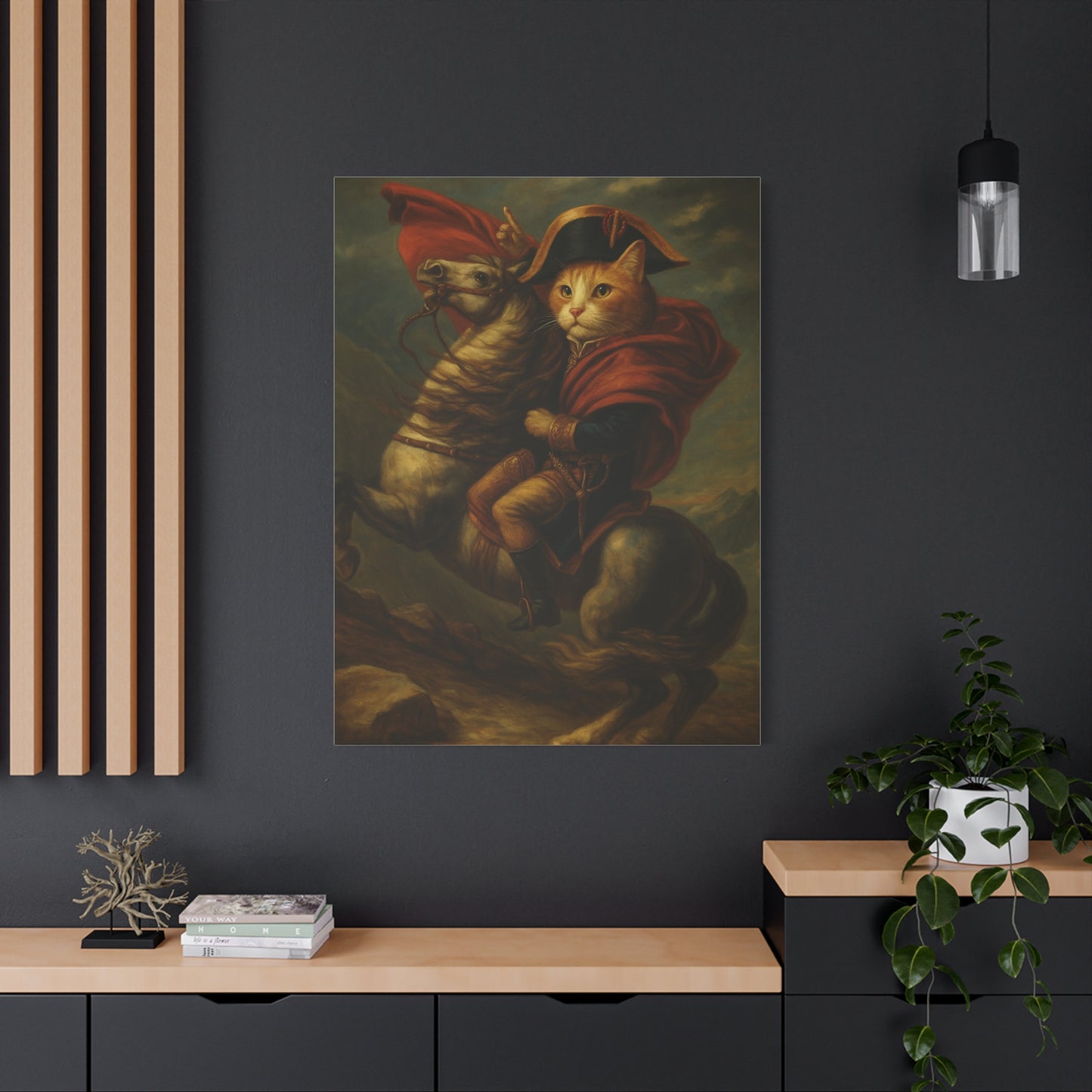 Cat Napoleon Crossing the Alps Decor, Whimsical Home Wall Art, Stretched Matte Canvas, 1 25 Inch, Cat Lover Gift, Funny Animal