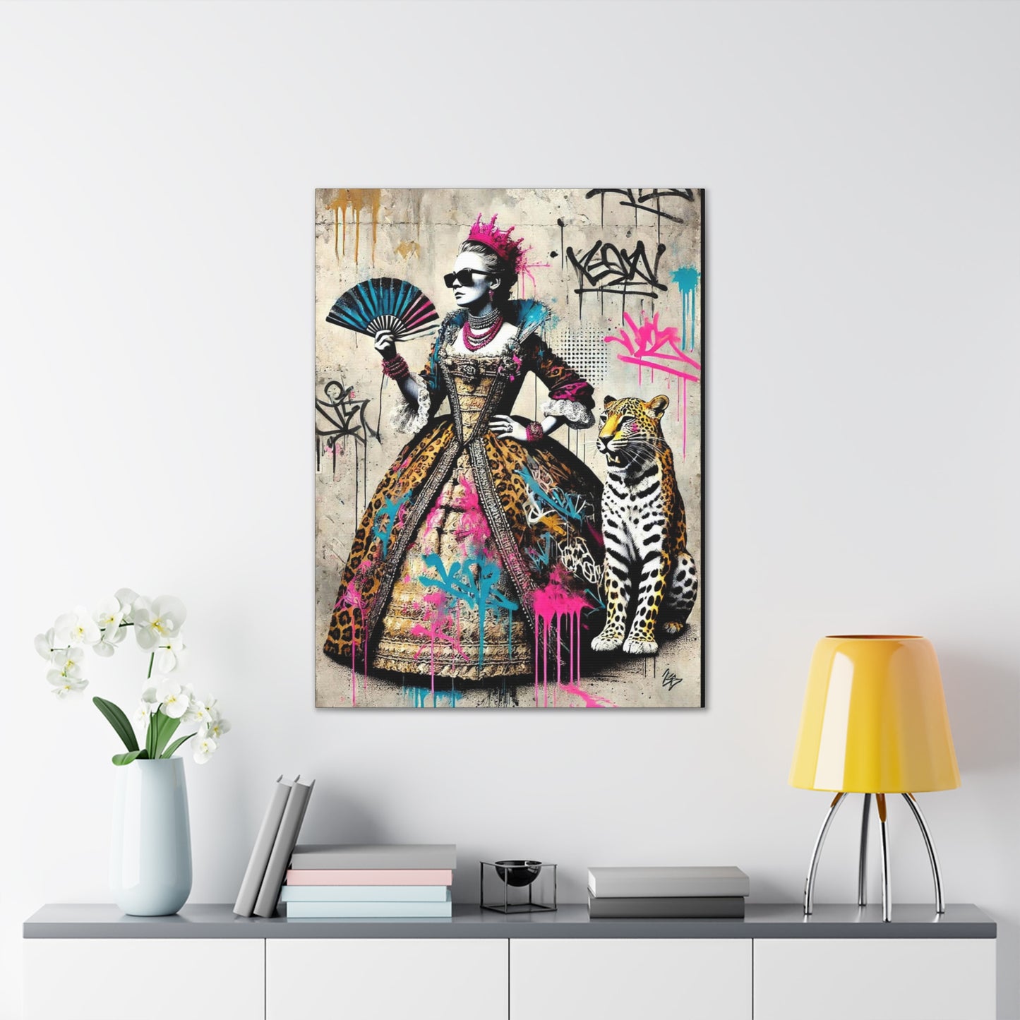 Canvas Print, Street Art Wall Decor, Graffiti Home Art, Queen with Fan, Leopard, Bohemian Decor, Urban Art Poster
