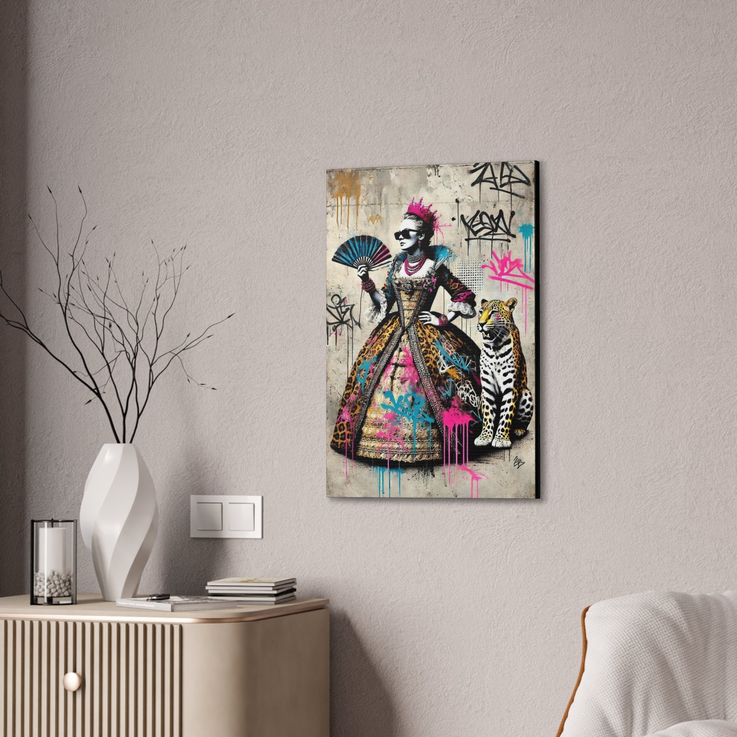Canvas Print, Street Art Wall Decor, Graffiti Home Art, Queen with Fan, Leopard, Bohemian Decor, Urban Art Poster