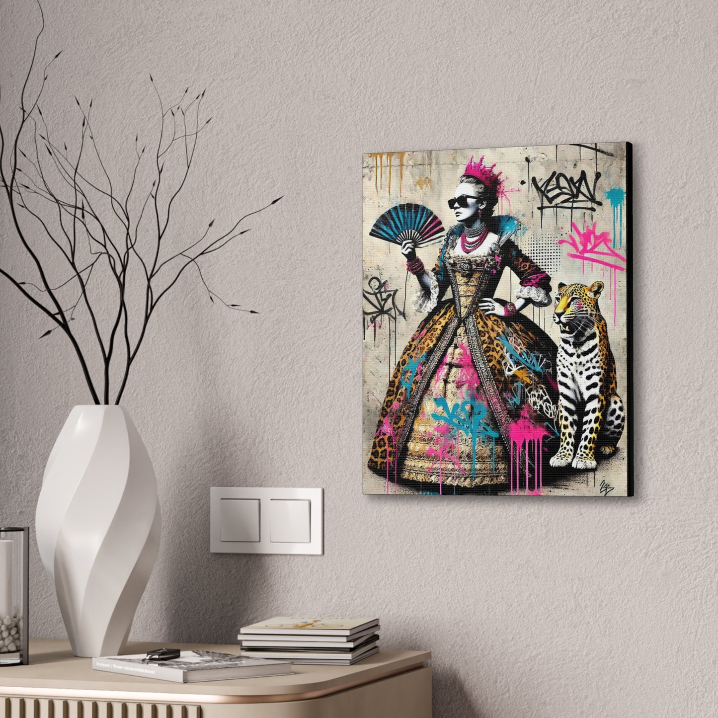 Canvas Print, Street Art Wall Decor, Graffiti Home Art, Queen with Fan, Leopard, Bohemian Decor, Urban Art Poster