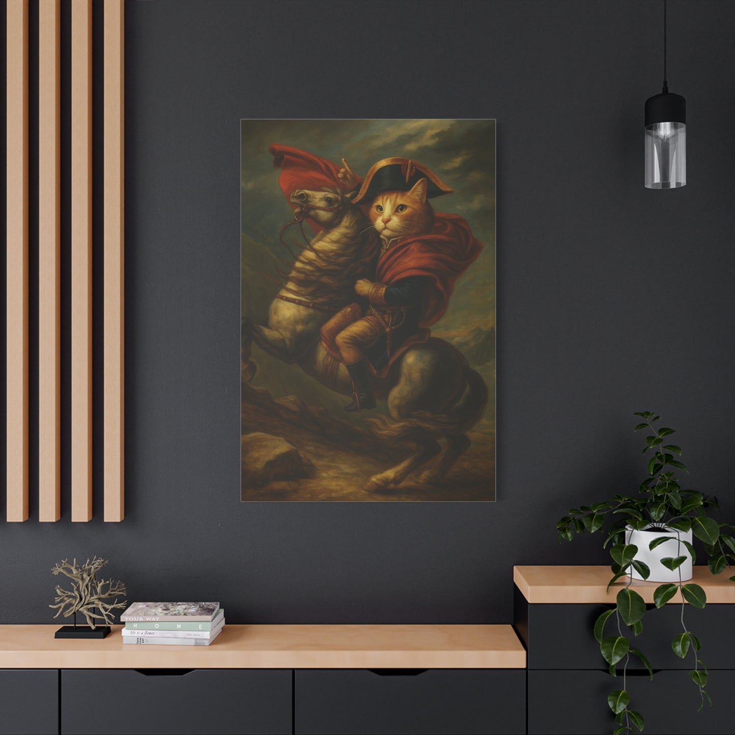 Cat Napoleon Crossing the Alps Decor, Whimsical Home Wall Art, Stretched Matte Canvas, 1 25 Inch, Cat Lover Gift, Funny Animal