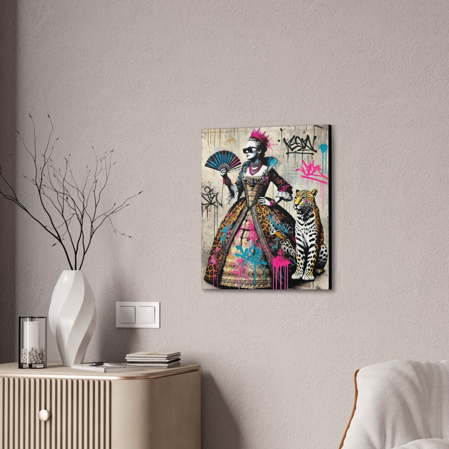 Canvas Print, Street Art Wall Decor, Graffiti Home Art, Queen with Fan, Leopard, Bohemian Decor, Urban Art Poster