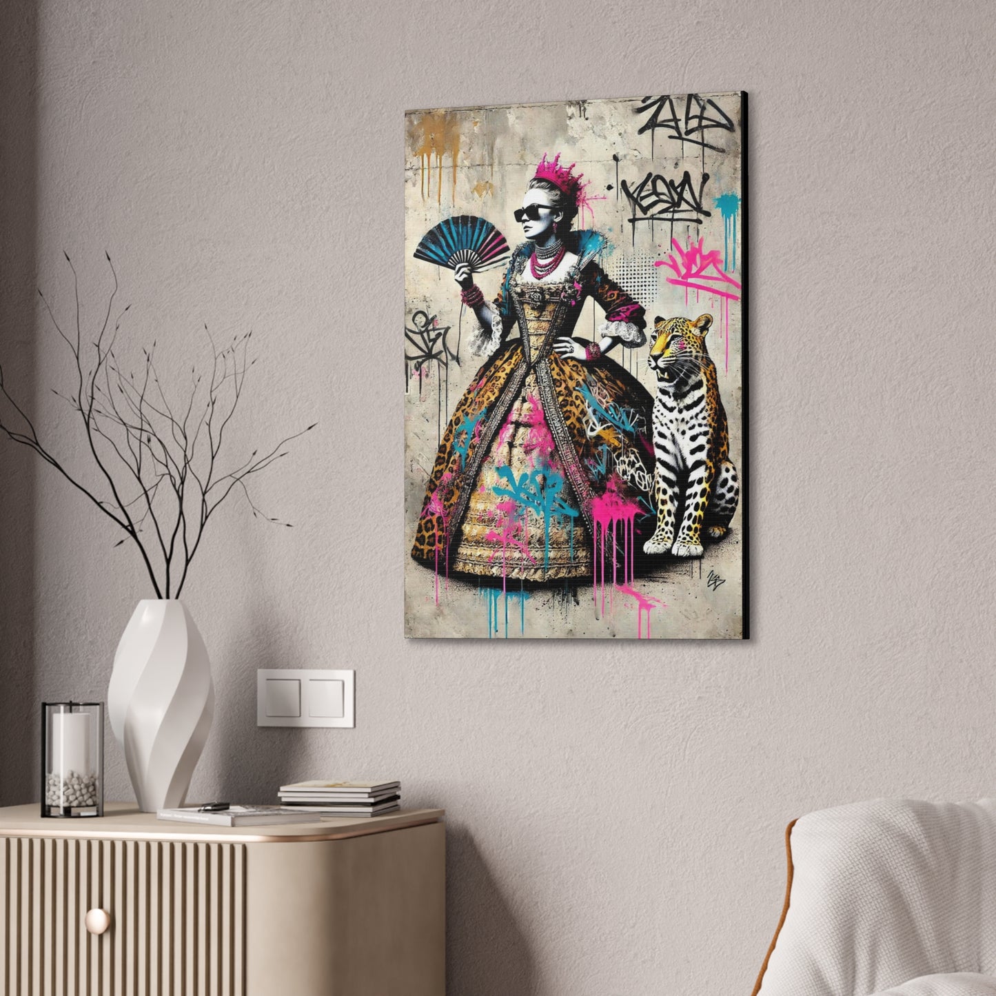 Canvas Print, Street Art Wall Decor, Graffiti Home Art, Queen with Fan, Leopard, Bohemian Decor, Urban Art Poster