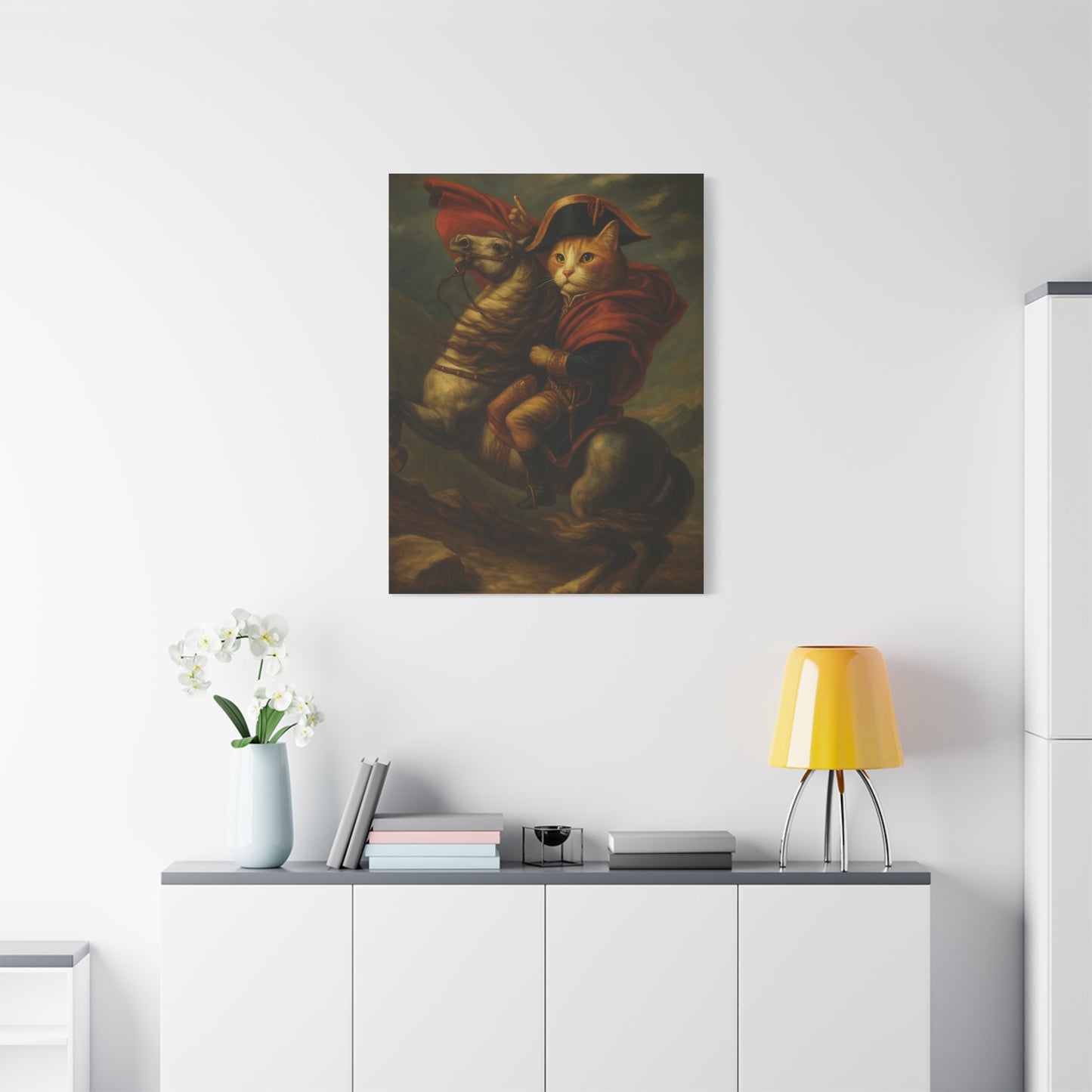 Cat Napoleon Crossing the Alps Decor, Whimsical Home Wall Art, Stretched Matte Canvas, 1 25 Inch, Cat Lover Gift, Funny Animal