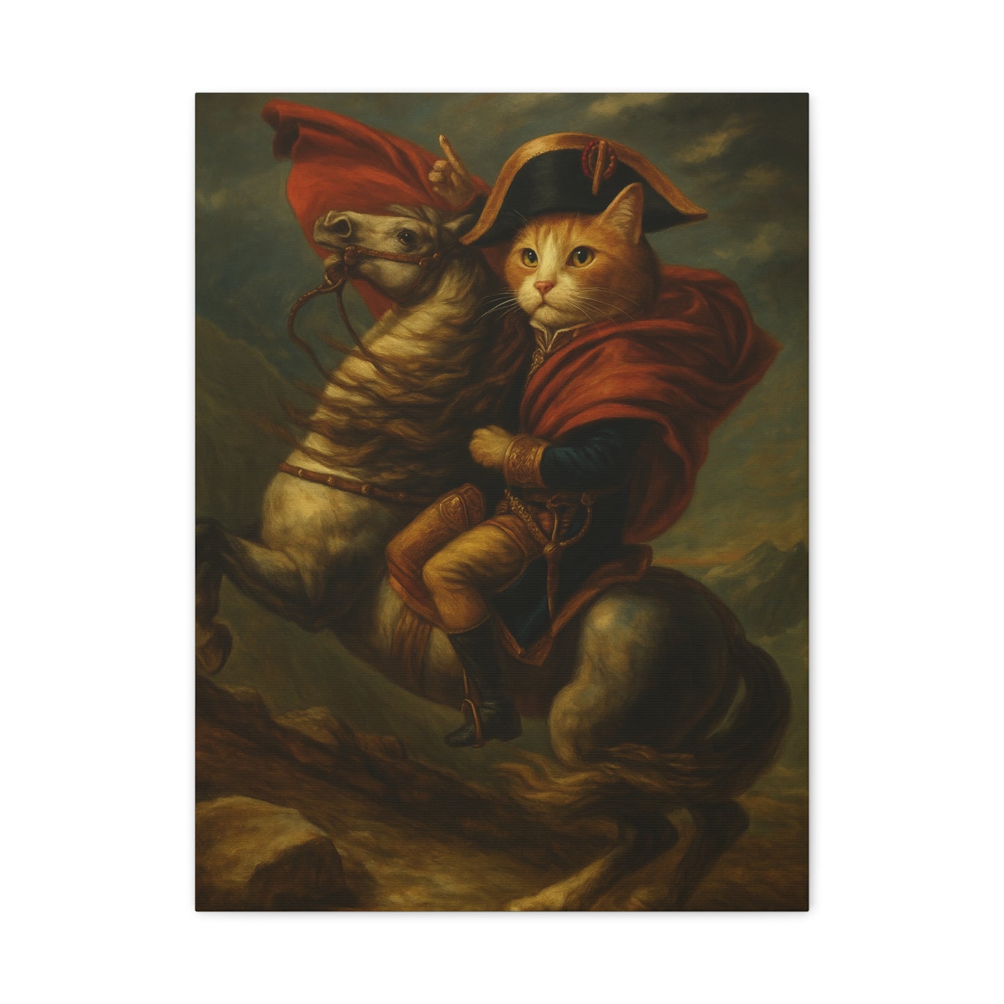 Cat Napoleon Crossing the Alps Decor, Whimsical Home Wall Art, Stretched Matte Canvas, 1 25 Inch, Cat Lover Gift, Funny Animal