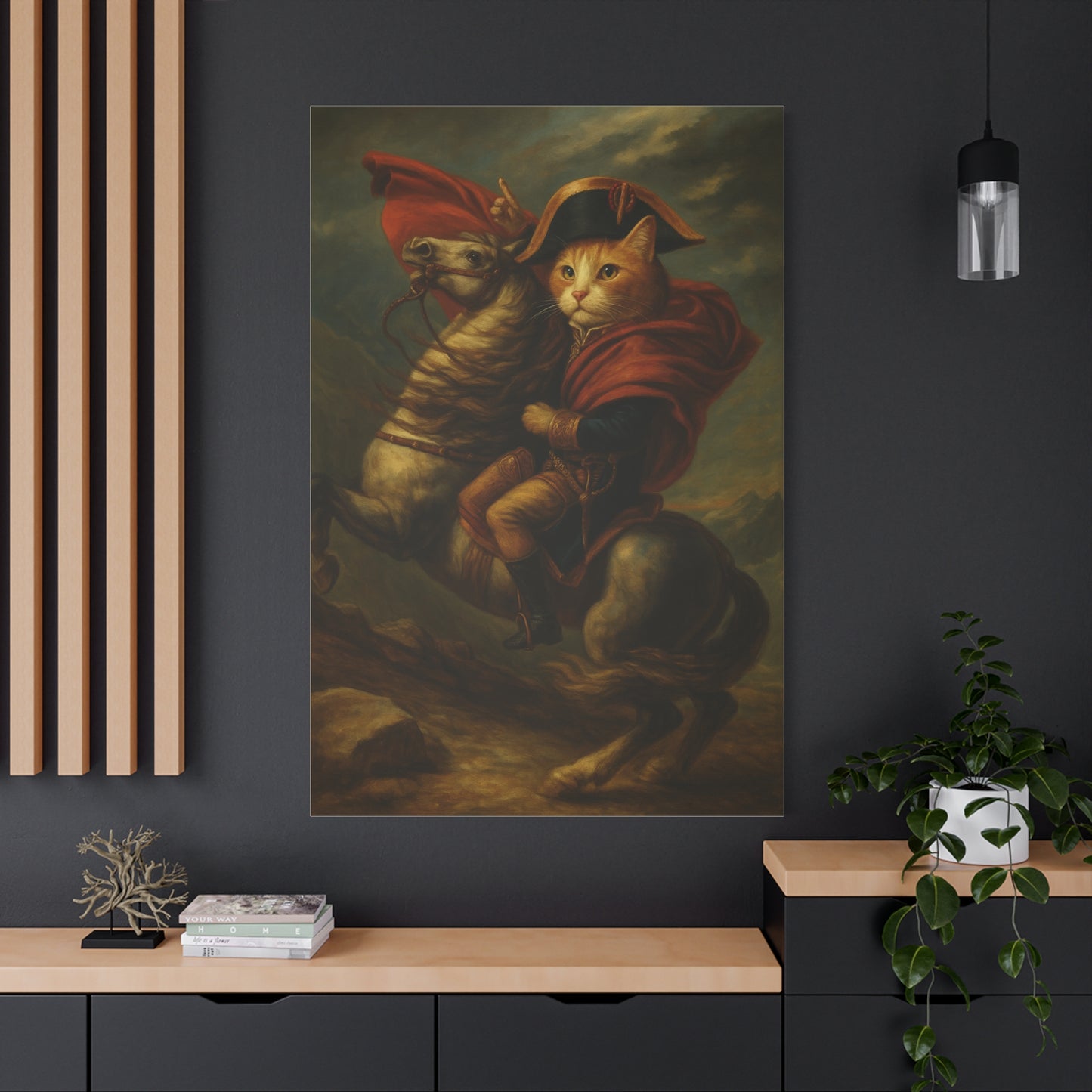 Cat Napoleon Crossing the Alps Decor, Whimsical Home Wall Art, Stretched Matte Canvas, 1 25 Inch, Cat Lover Gift, Funny Animal