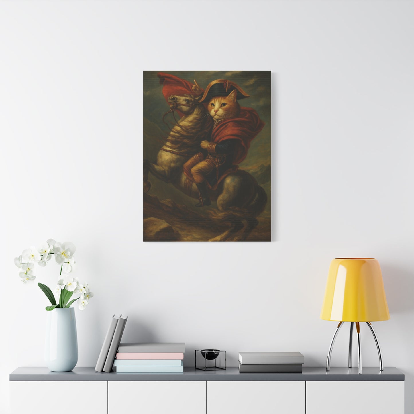 Cat Napoleon Crossing the Alps Decor, Whimsical Home Wall Art, Stretched Matte Canvas, 1 25 Inch, Cat Lover Gift, Funny Animal