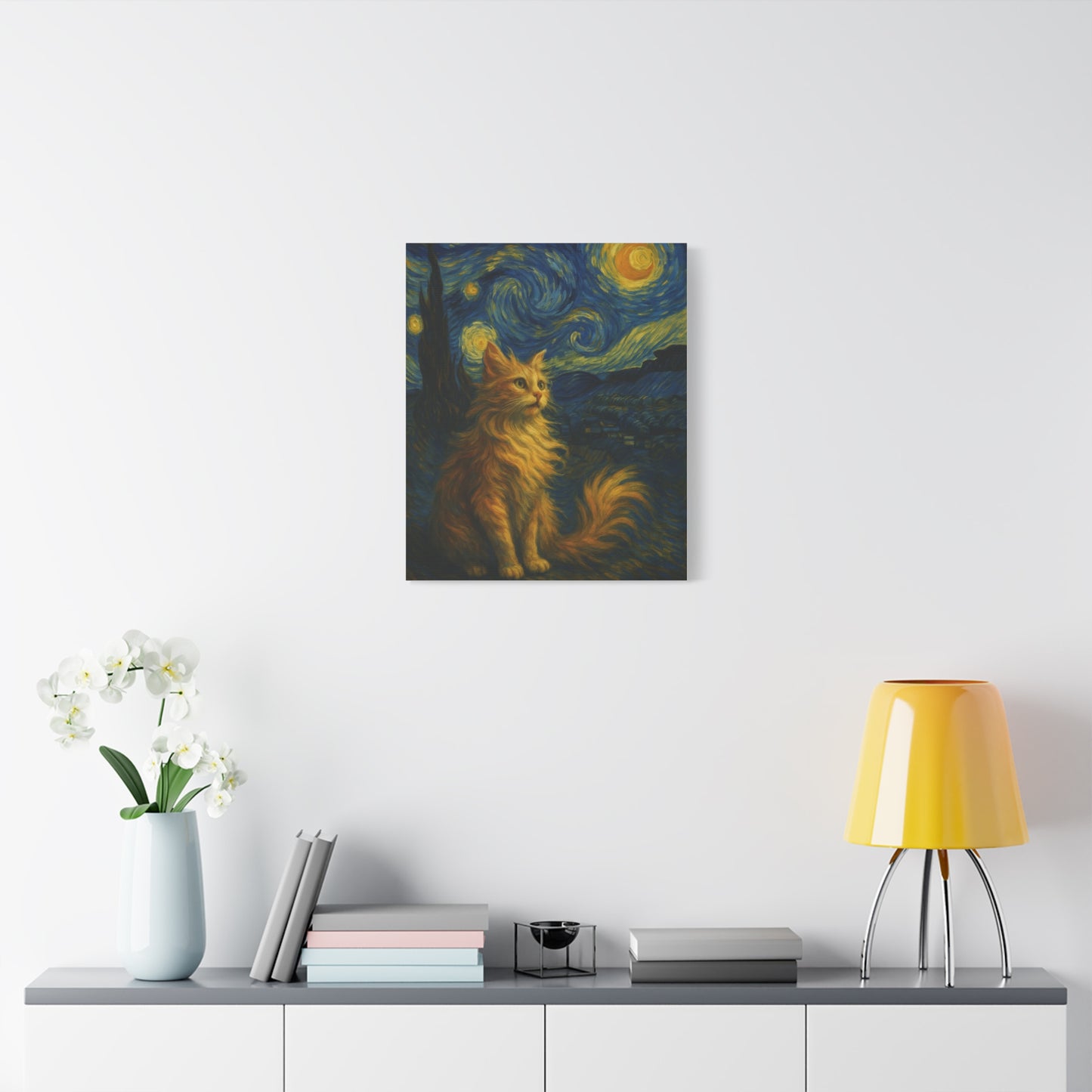 Canvas Print, Cat in Starry Night, Funny Cats, Colourful Vibrant, Matte Wall Art, Stretched Canvas, Home Decor, Gift for Cat Lovers