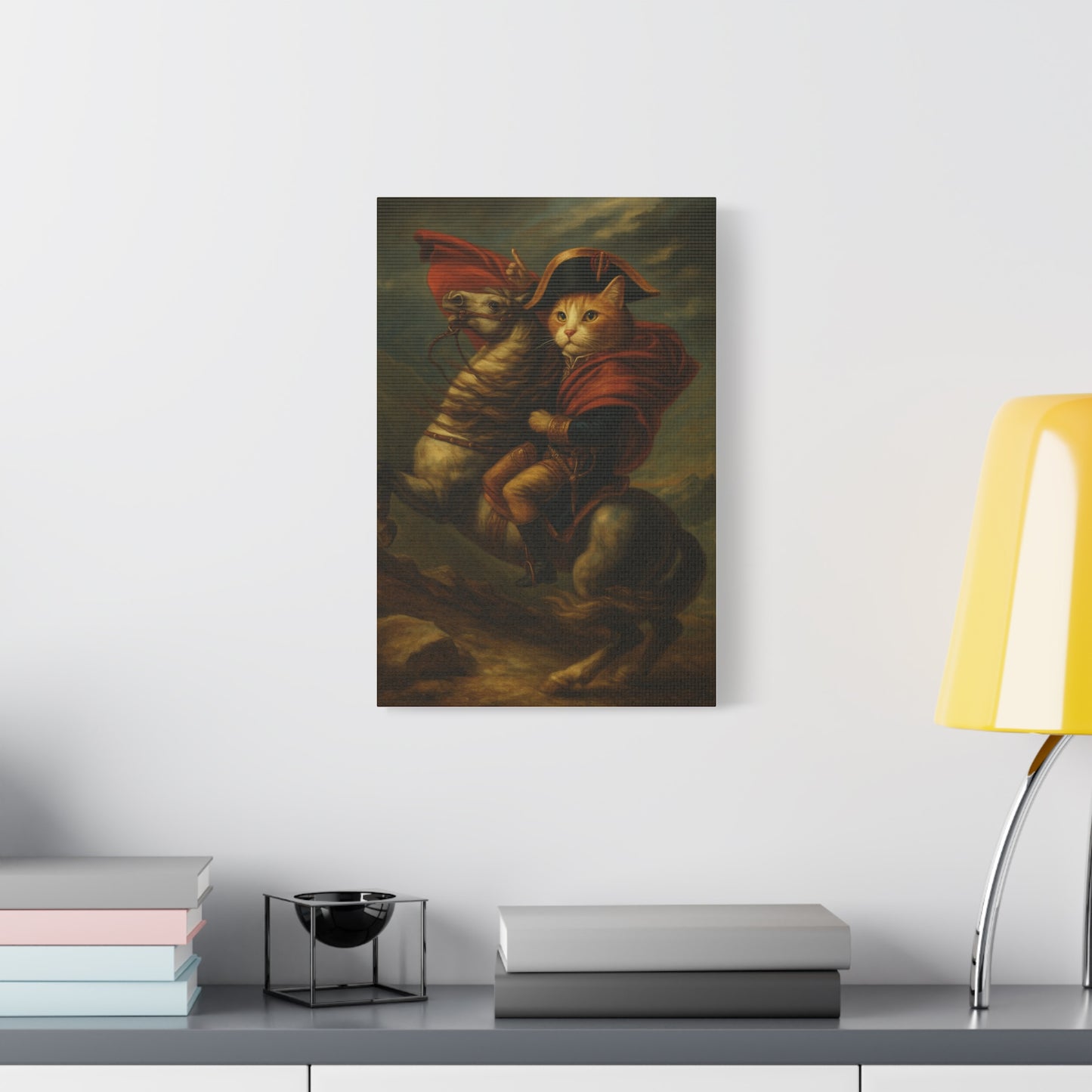 Cat Napoleon Crossing the Alps Decor, Whimsical Home Wall Art, Stretched Matte Canvas, 1 25 Inch, Cat Lover Gift, Funny Animal