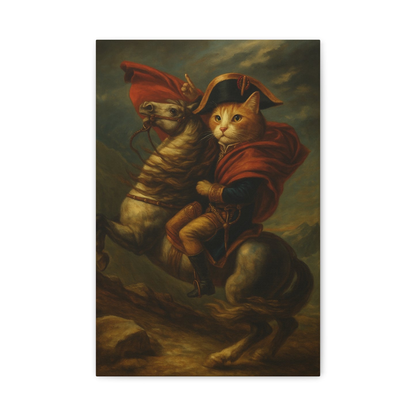 Cat Napoleon Crossing the Alps Decor, Whimsical Home Wall Art, Stretched Matte Canvas, 1 25 Inch, Cat Lover Gift, Funny Animal