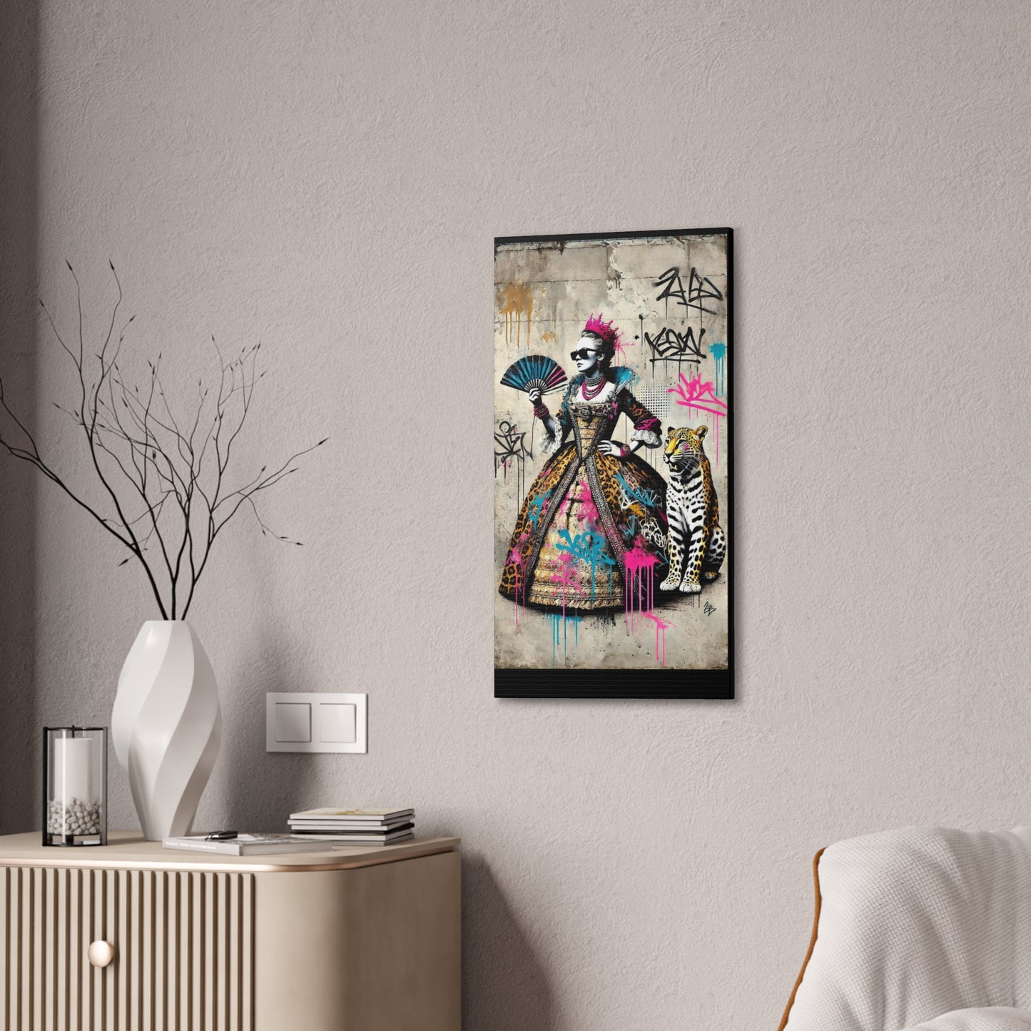 Canvas Print, Street Art Wall Decor, Graffiti Home Art, Queen with Fan, Leopard, Bohemian Decor, Urban Art Poster