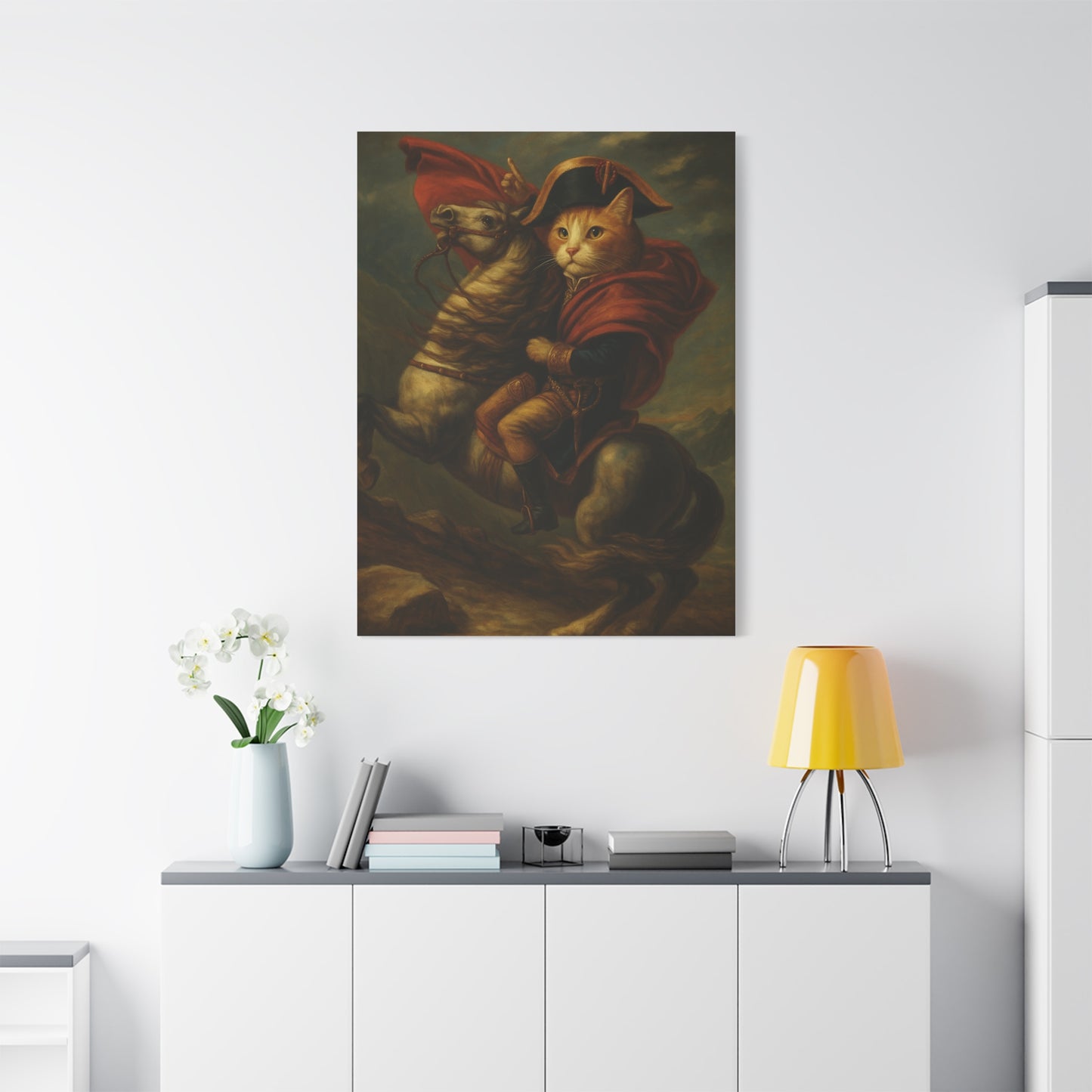 Cat Napoleon Crossing the Alps Decor, Whimsical Home Wall Art, Stretched Matte Canvas, 1 25 Inch, Cat Lover Gift, Funny Animal