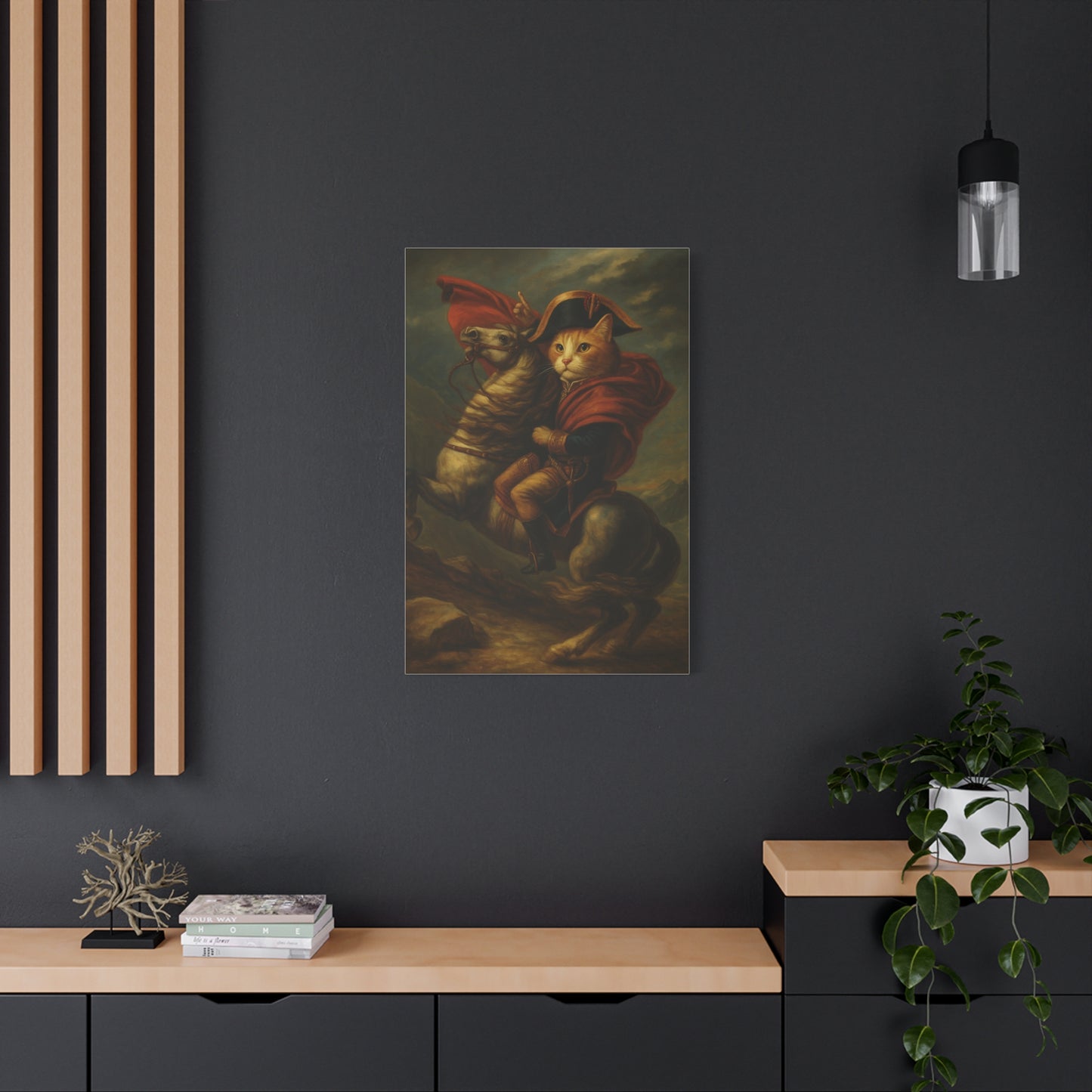 Cat Napoleon Crossing the Alps Decor, Whimsical Home Wall Art, Stretched Matte Canvas, 1 25 Inch, Cat Lover Gift, Funny Animal