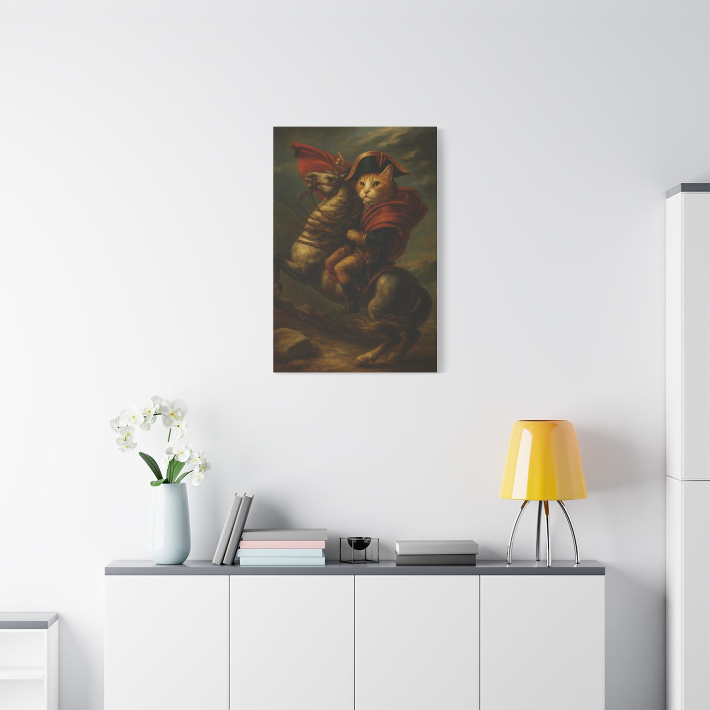 Cat Napoleon Crossing the Alps Decor, Whimsical Home Wall Art, Stretched Matte Canvas, 1 25 Inch, Cat Lover Gift, Funny Animal