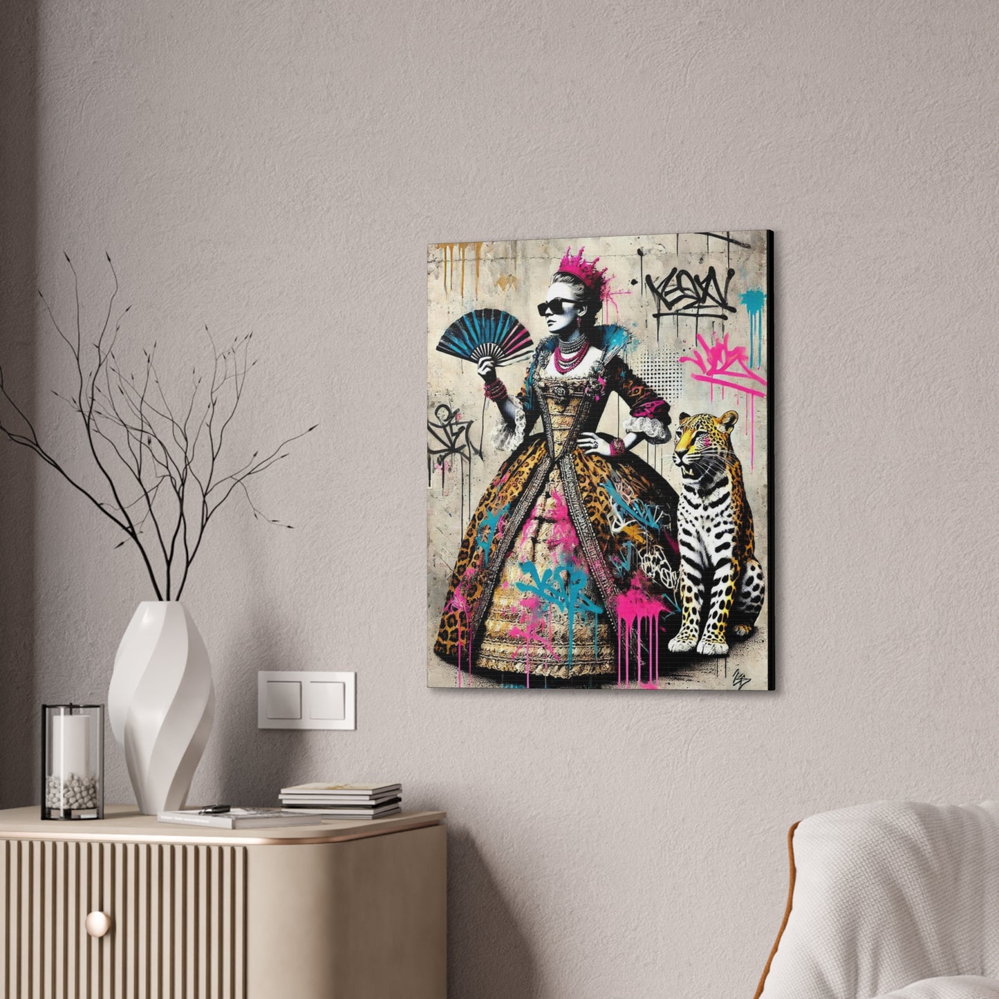 Canvas Print, Street Art Wall Decor, Graffiti Home Art, Queen with Fan, Leopard, Bohemian Decor, Urban Art Poster