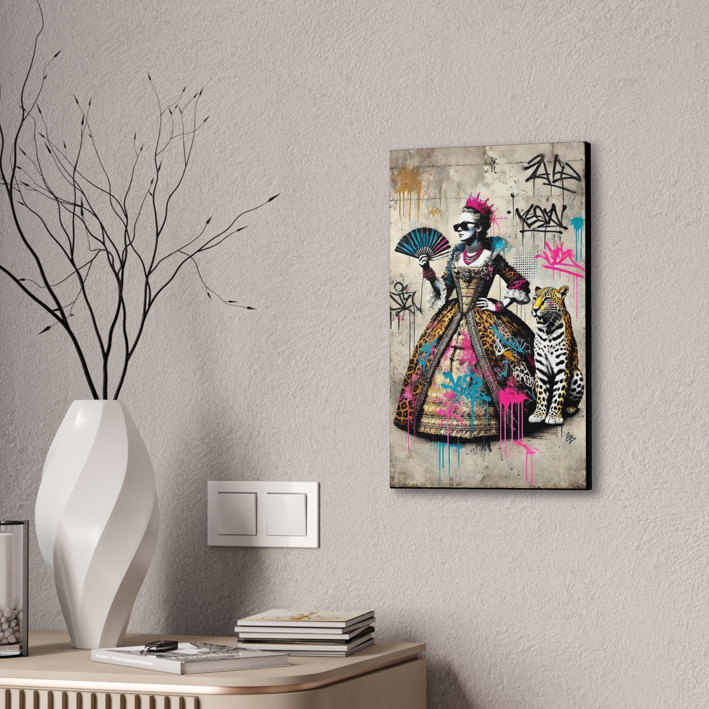 Canvas Print, Street Art Wall Decor, Graffiti Home Art, Queen with Fan, Leopard, Bohemian Decor, Urban Art Poster