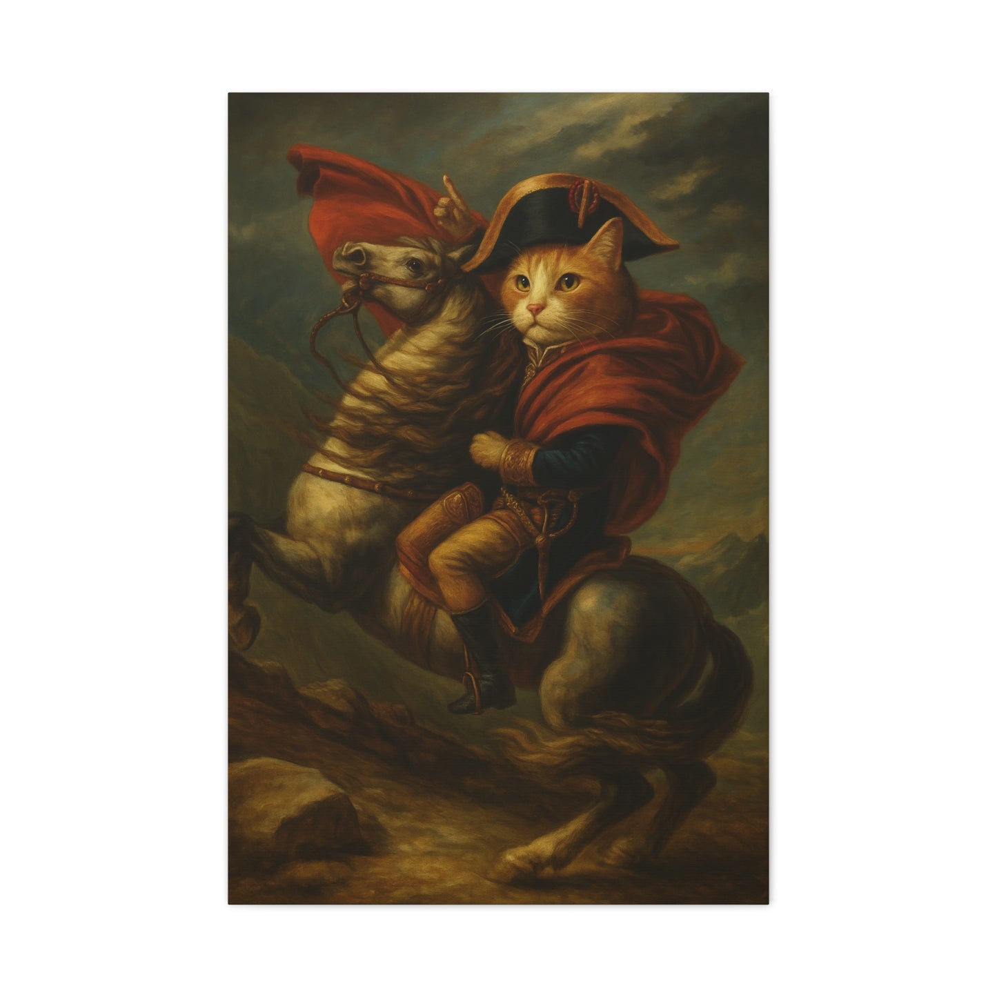 Cat Napoleon Crossing the Alps Decor, Whimsical Home Wall Art, Stretched Matte Canvas, 1 25 Inch, Cat Lover Gift, Funny Animal