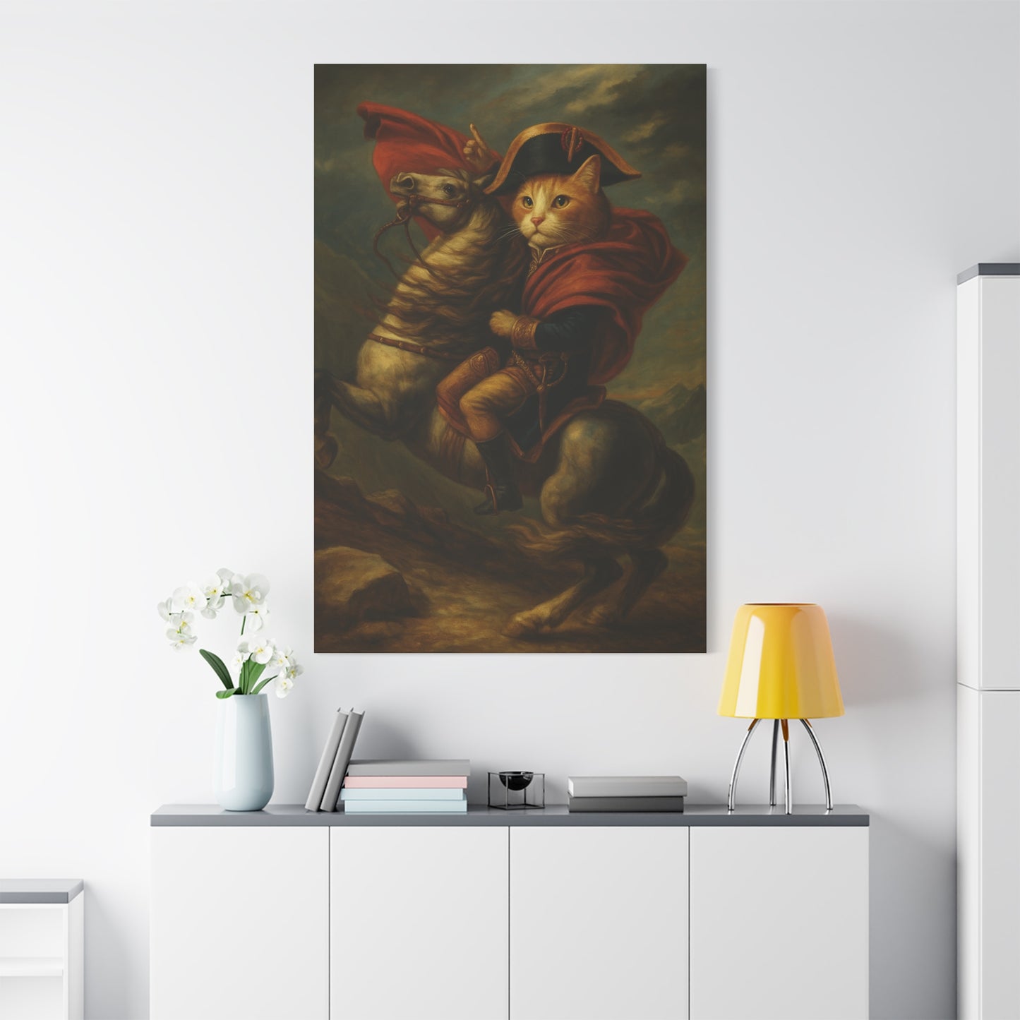 Cat Napoleon Crossing the Alps Decor, Whimsical Home Wall Art, Stretched Matte Canvas, 1 25 Inch, Cat Lover Gift, Funny Animal