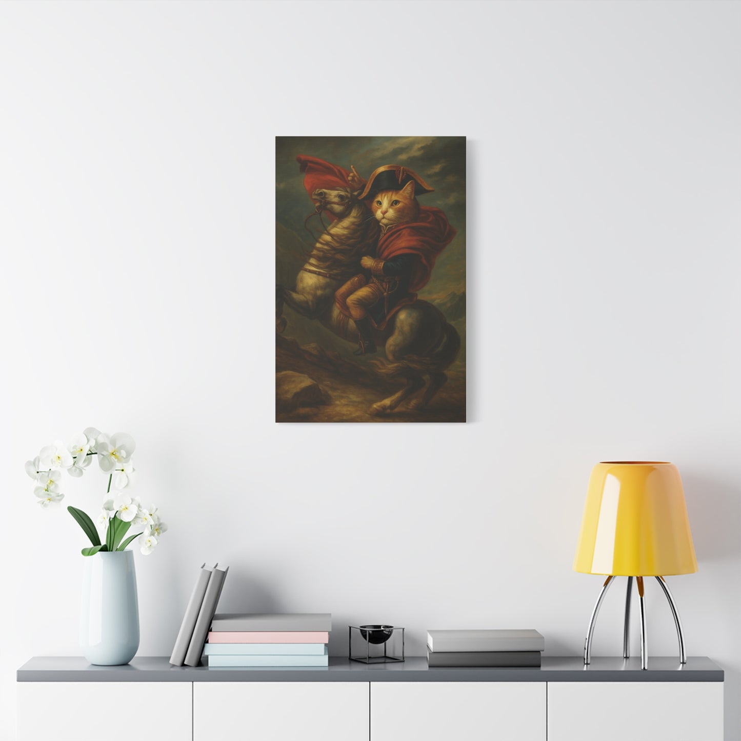 Cat Napoleon Crossing the Alps Decor, Whimsical Home Wall Art, Stretched Matte Canvas, 1 25 Inch, Cat Lover Gift, Funny Animal