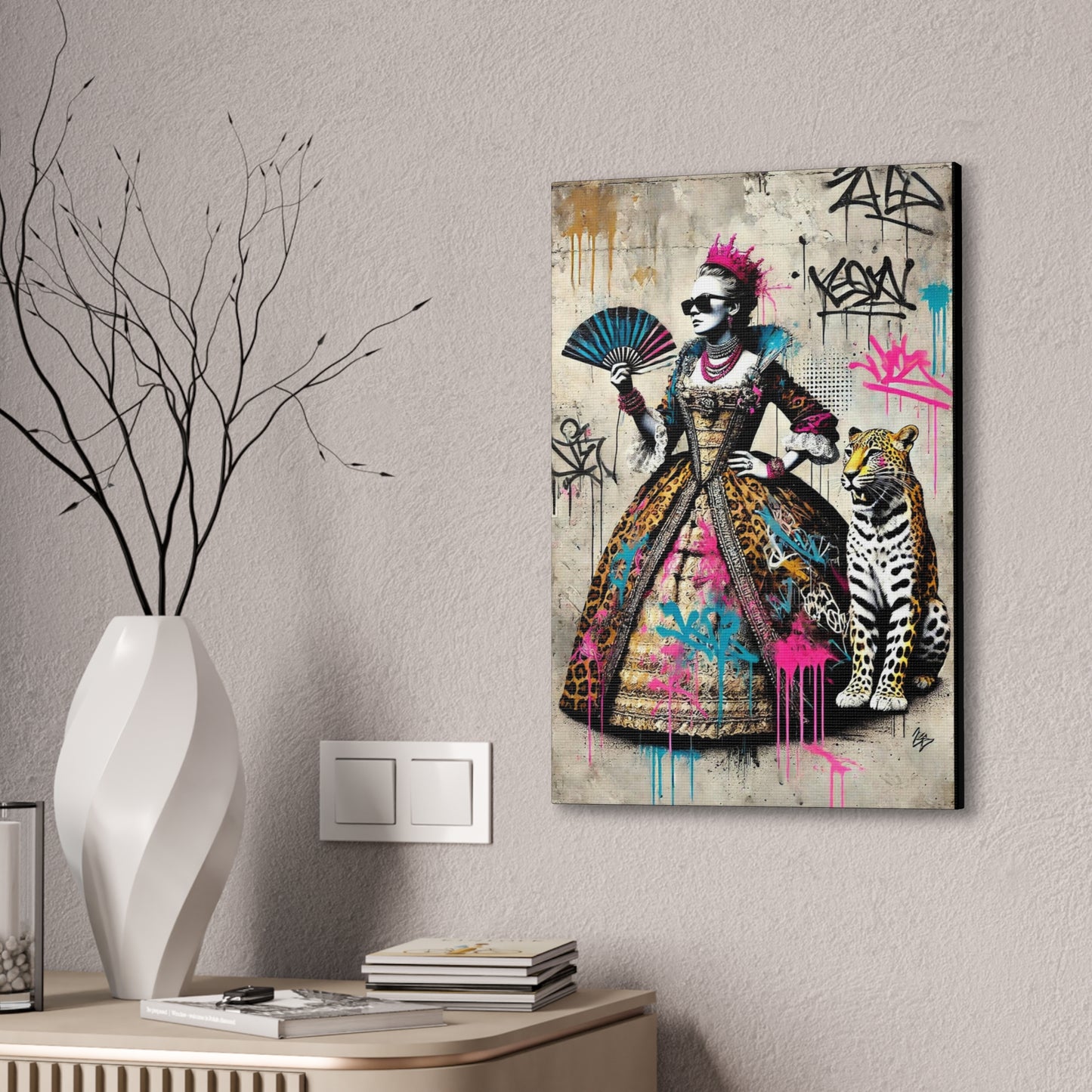 Canvas Print, Street Art Wall Decor, Graffiti Home Art, Queen with Fan, Leopard, Bohemian Decor, Urban Art Poster