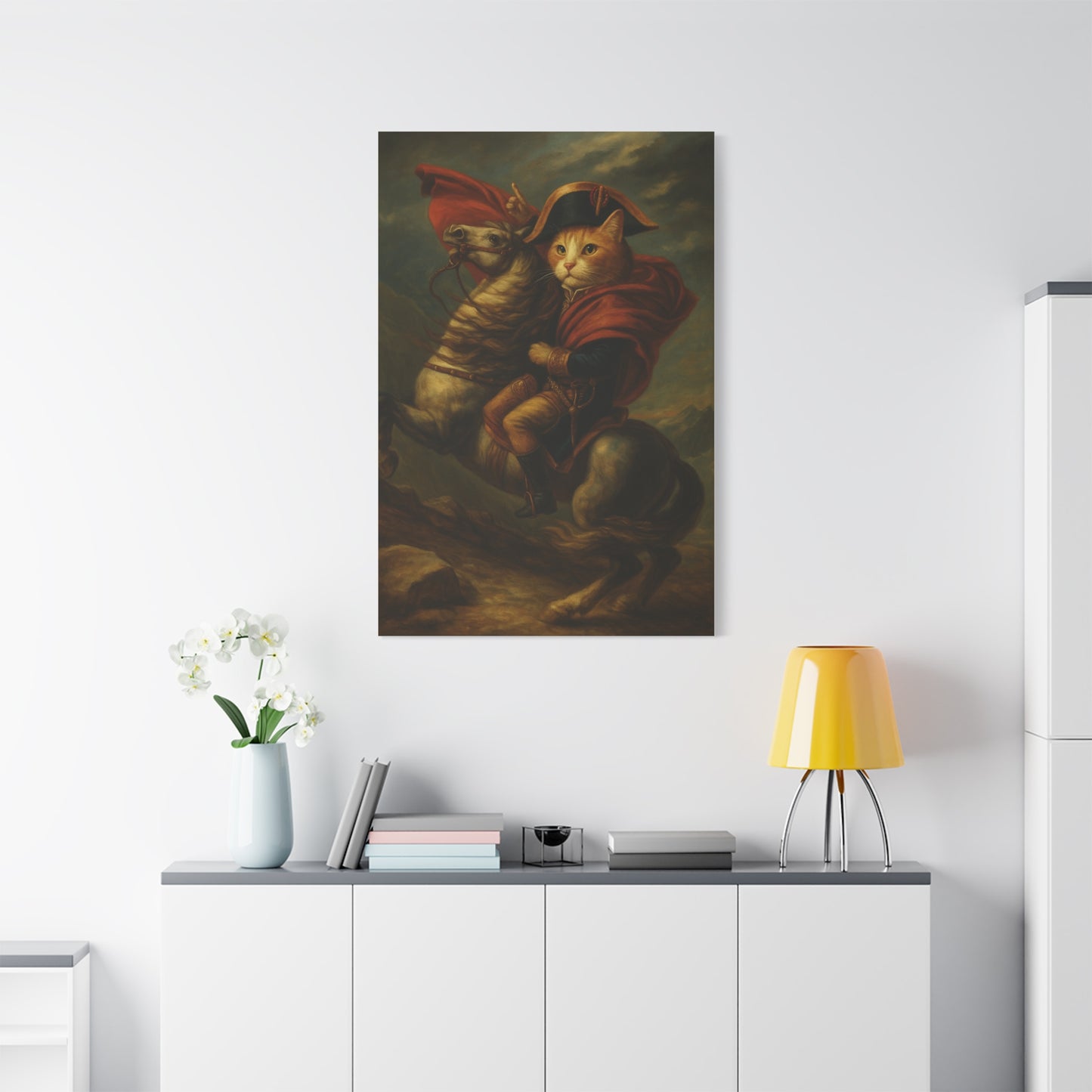 Cat Napoleon Crossing the Alps Decor, Whimsical Home Wall Art, Stretched Matte Canvas, 1 25 Inch, Cat Lover Gift, Funny Animal