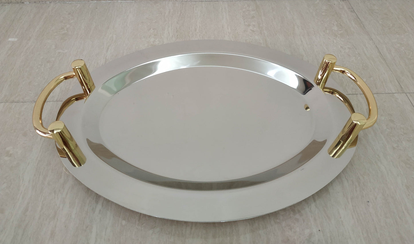 16" Stainless Steel Round Serving Tray with Gold Handles