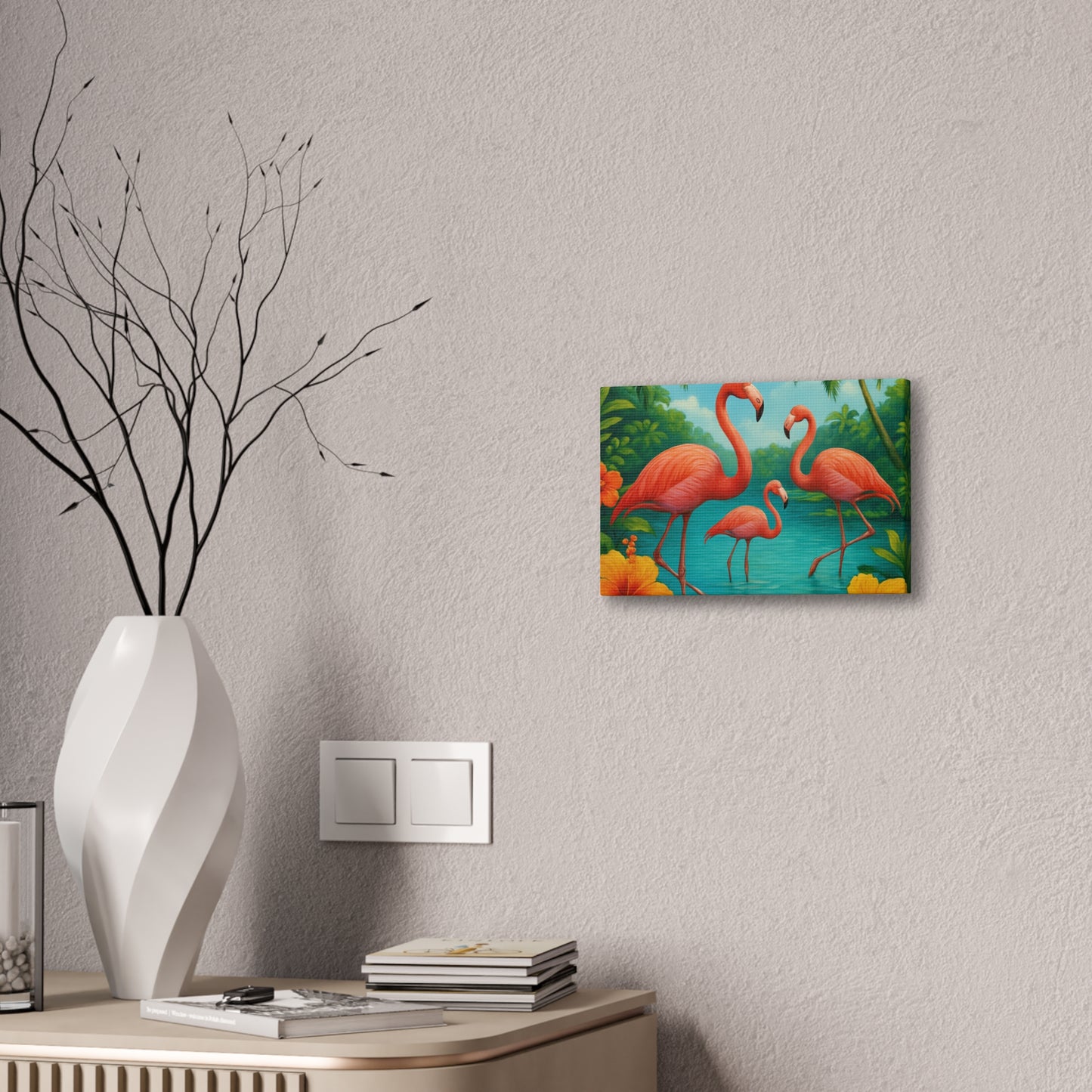 Canvas Wall Art, Tropical Flamingo Scene, Vibrant Nature Decor, Perfect for Living Room, Beach House, Birthday Gift