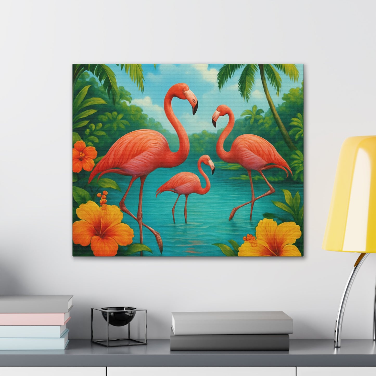 Canvas Wall Art, Tropical Flamingo Scene, Vibrant Nature Decor, Perfect for Living Room, Beach House, Birthday Gift