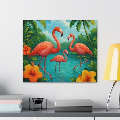 Canvas Wall Art, Tropical Flamingo Scene, Vibrant Nature Decor, Perfect for Living Room, Beach House, Birthday Gift