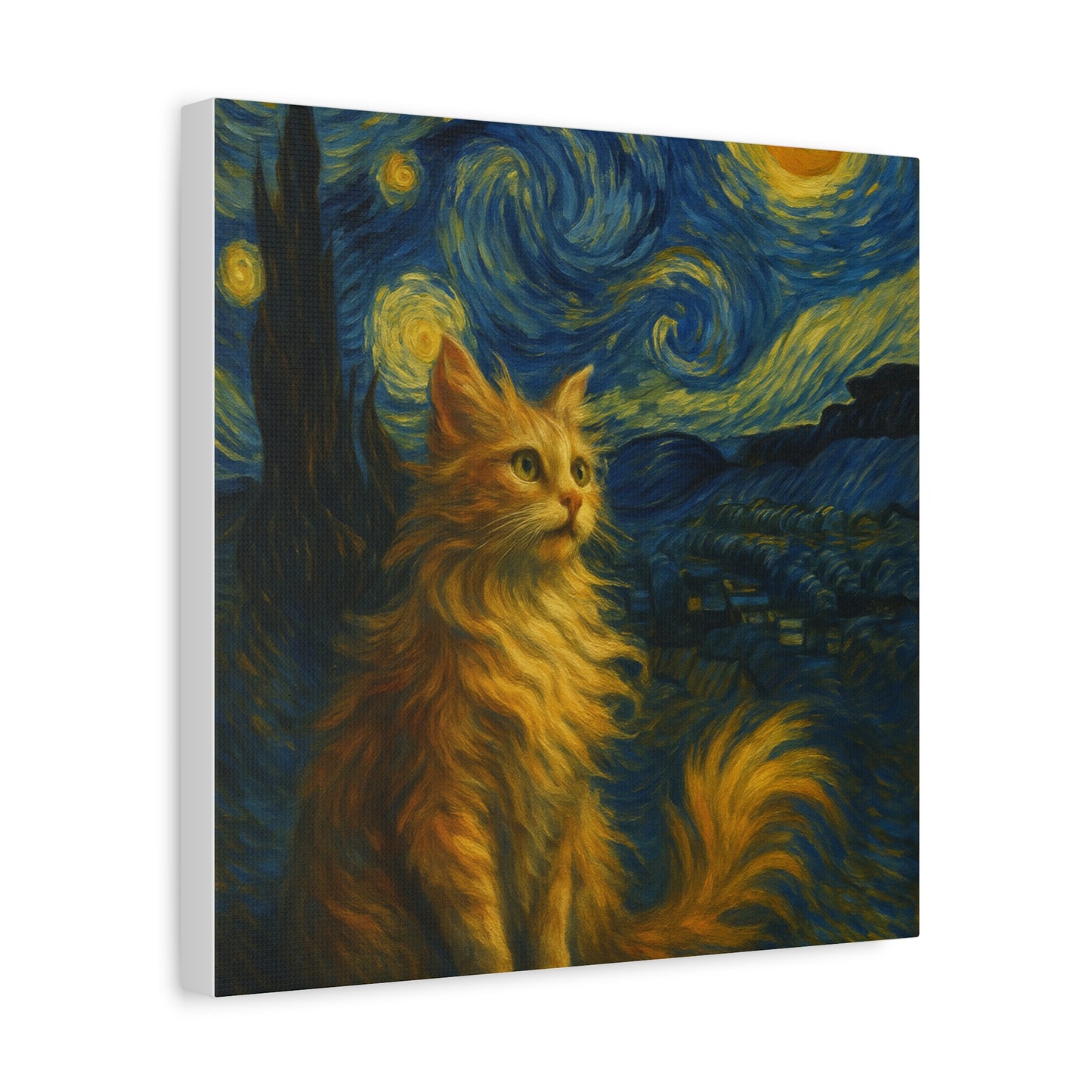 Canvas Print, Cat in Starry Night, Funny Cats, Colourful Vibrant, Matte Wall Art, Stretched Canvas, Home Decor, Gift for Cat Lovers