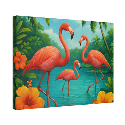 Canvas Wall Art, Tropical Flamingo Scene, Vibrant Nature Decor, Perfect for Living Room, Beach House, Birthday Gift