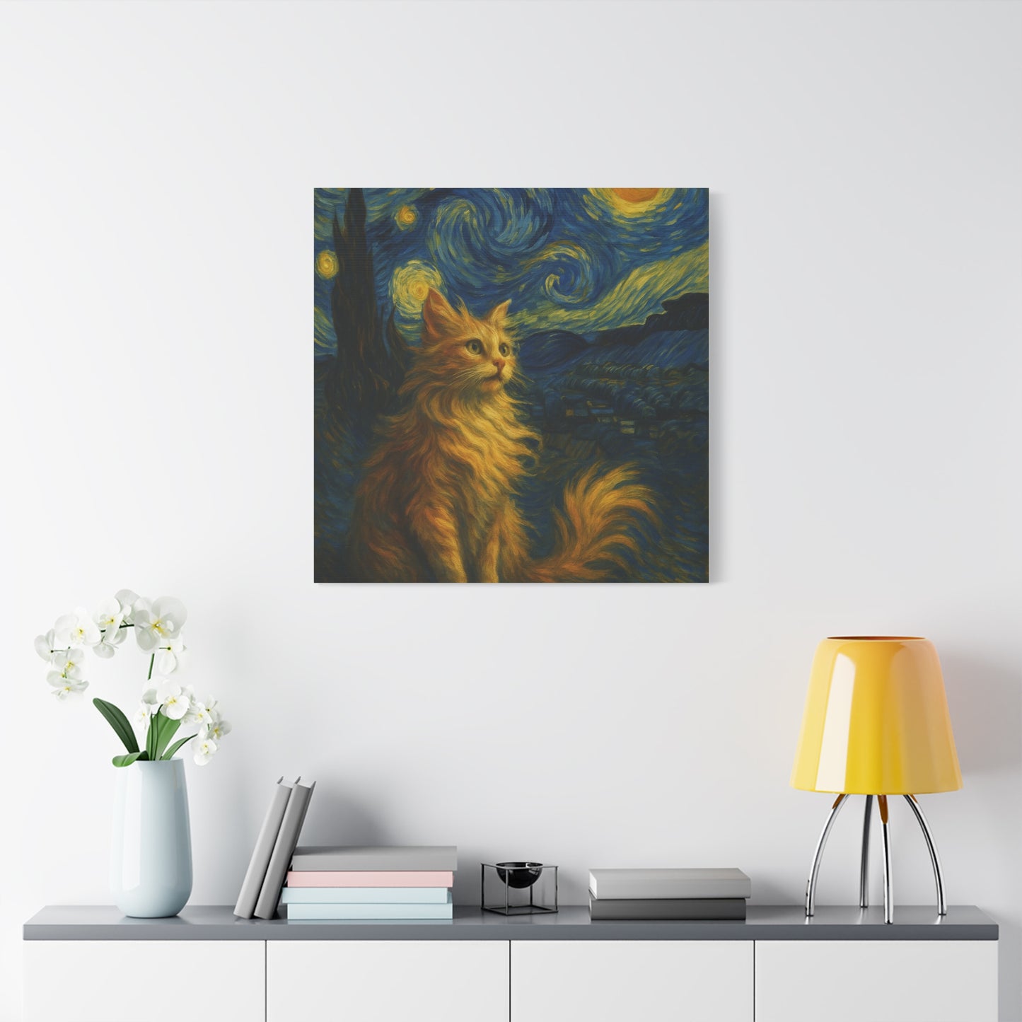 Canvas Print, Cat in Starry Night, Funny Cats, Colourful Vibrant, Matte Wall Art, Stretched Canvas, Home Decor, Gift for Cat Lovers