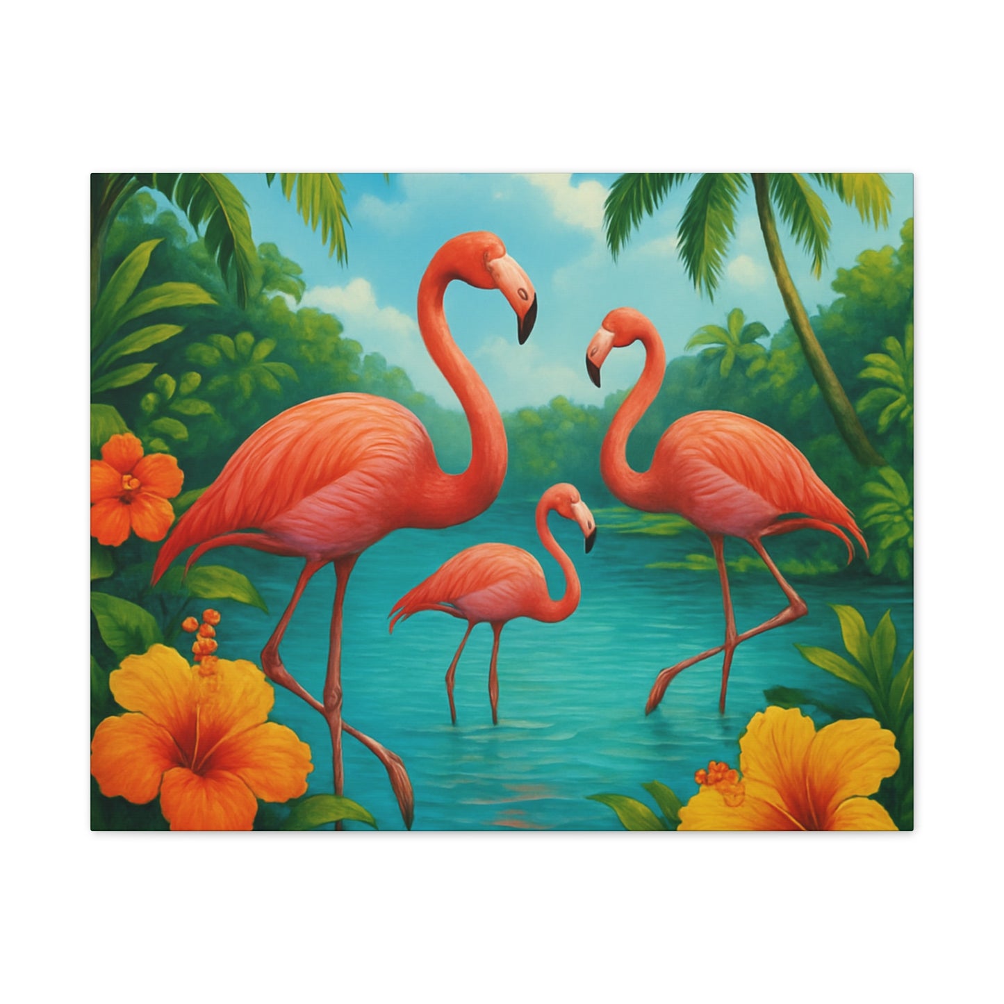 Canvas Wall Art, Tropical Flamingo Scene, Vibrant Nature Decor, Perfect for Living Room, Beach House, Birthday Gift