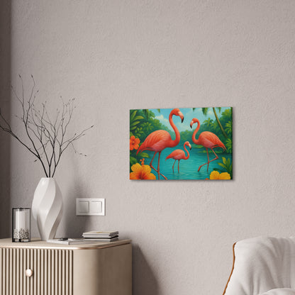 Canvas Wall Art, Tropical Flamingo Scene, Vibrant Nature Decor, Perfect for Living Room, Beach House, Birthday Gift