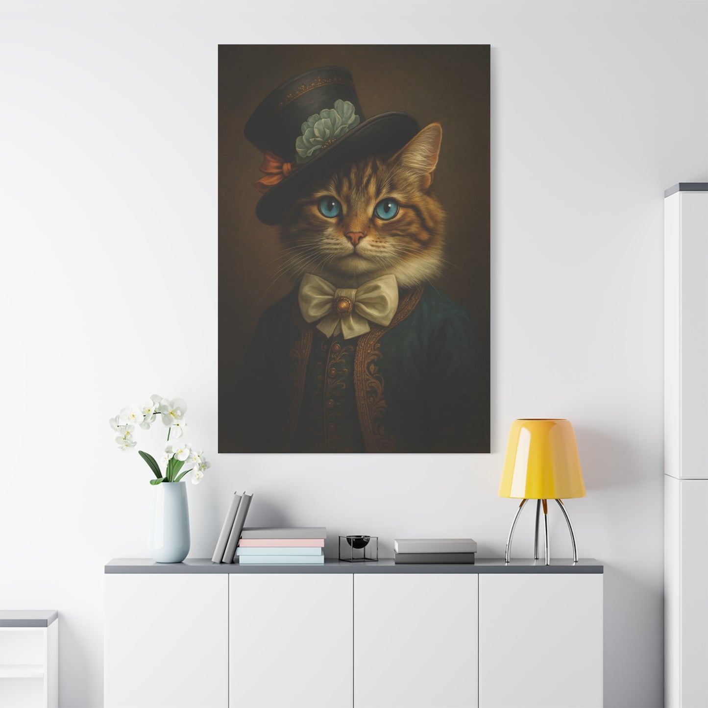 Canvas Wall Art, Whimsical Cat in Fancy Attire, Stretched Matte Canvas Print, Home Decor, Cat Lover Gift, Animal Artwork, Unique