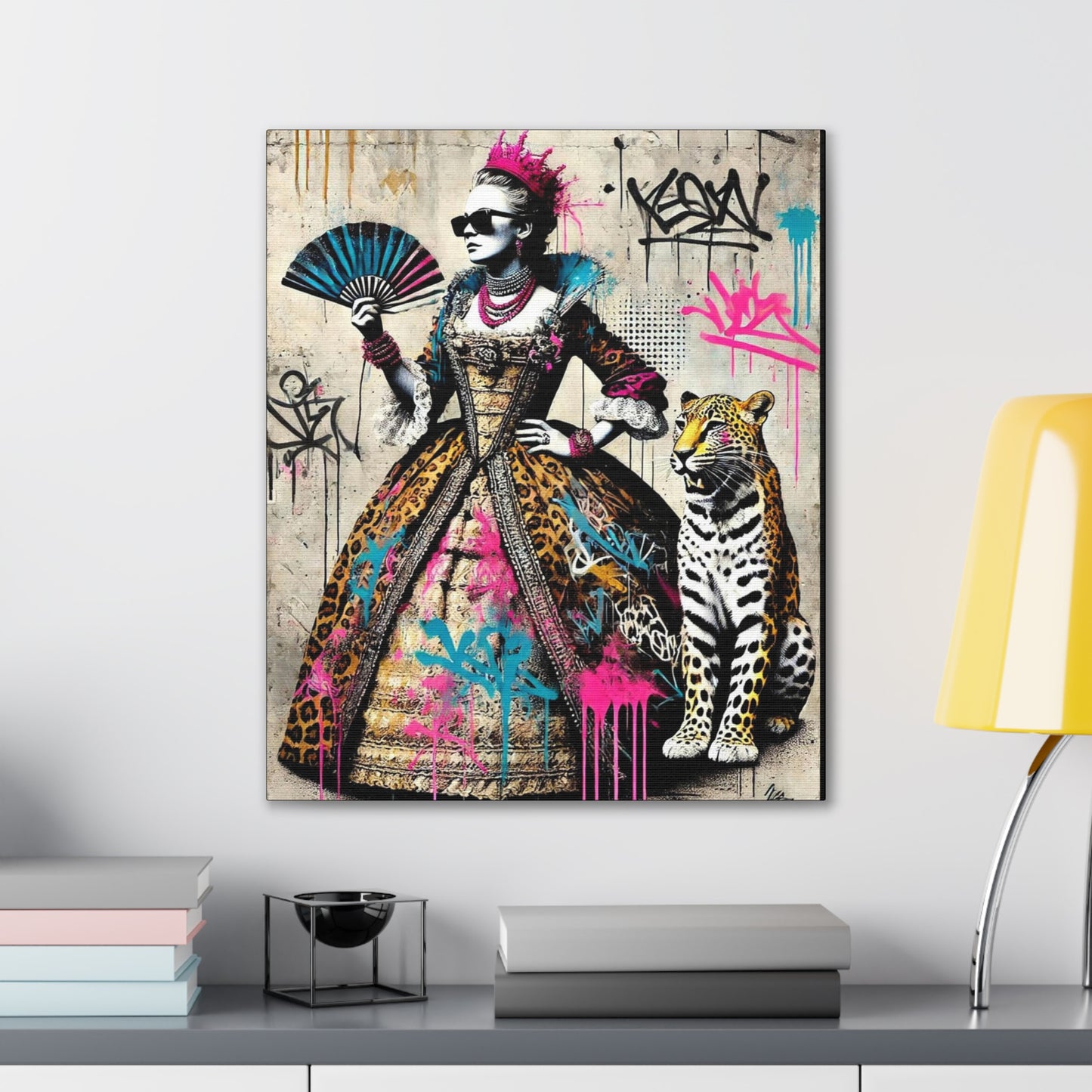 Canvas Print, Street Art Wall Decor, Graffiti Home Art, Queen with Fan, Leopard, Bohemian Decor, Urban Art Poster