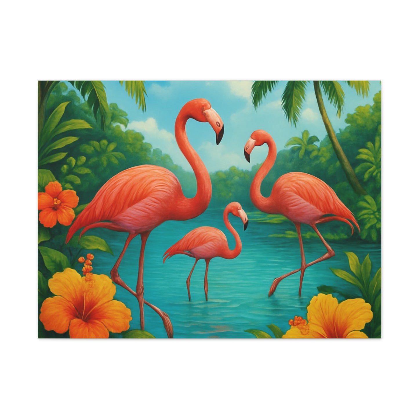 Canvas Wall Art, Tropical Flamingo Scene, Vibrant Nature Decor, Perfect for Living Room, Beach House, Birthday Gift