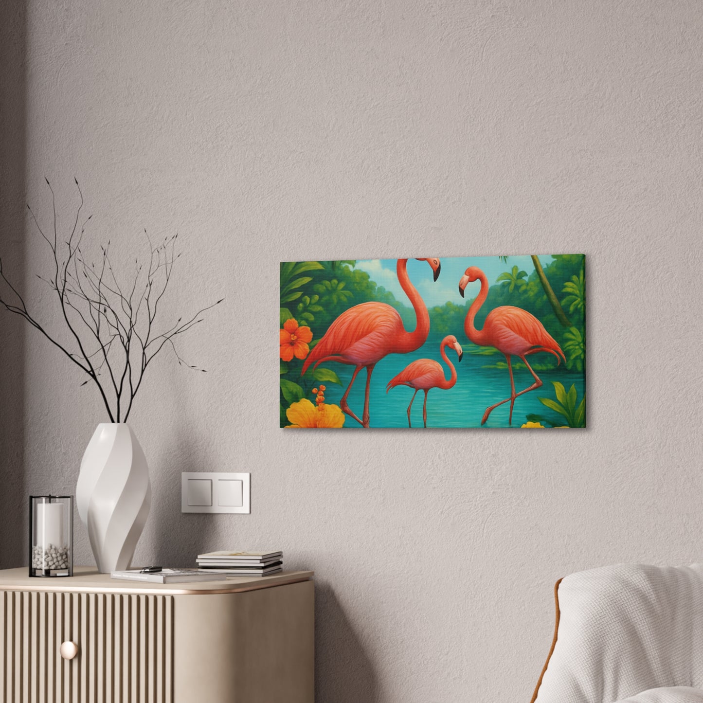 Canvas Wall Art, Tropical Flamingo Scene, Vibrant Nature Decor, Perfect for Living Room, Beach House, Birthday Gift