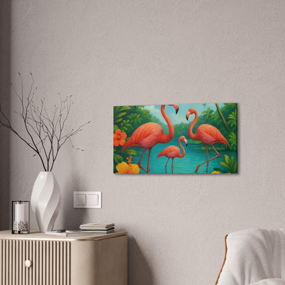 Canvas Wall Art, Tropical Flamingo Scene, Vibrant Nature Decor, Perfect for Living Room, Beach House, Birthday Gift