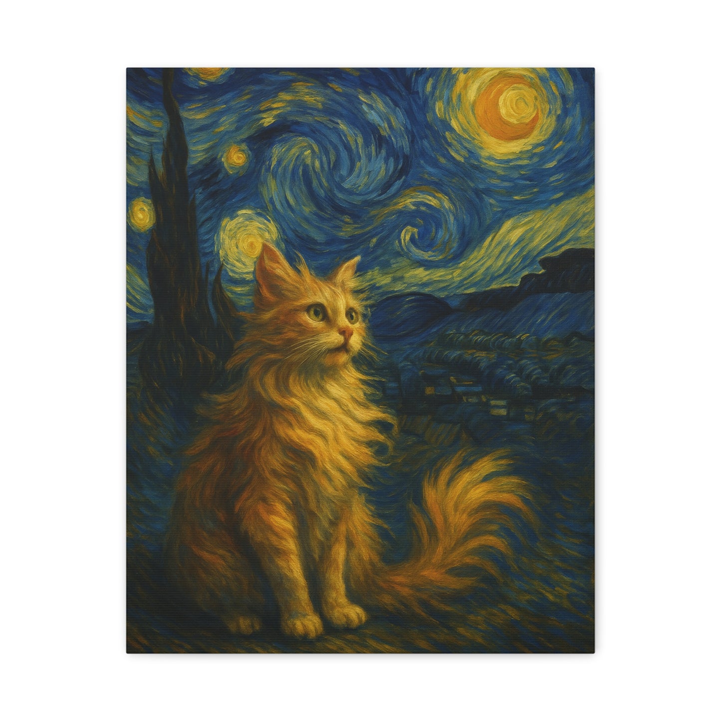 Canvas Print, Cat in Starry Night, Funny Cats, Colourful Vibrant, Matte Wall Art, Stretched Canvas, Home Decor, Gift for Cat Lovers