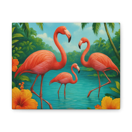 Canvas Wall Art, Tropical Flamingo Scene, Vibrant Nature Decor, Perfect for Living Room, Beach House, Birthday Gift