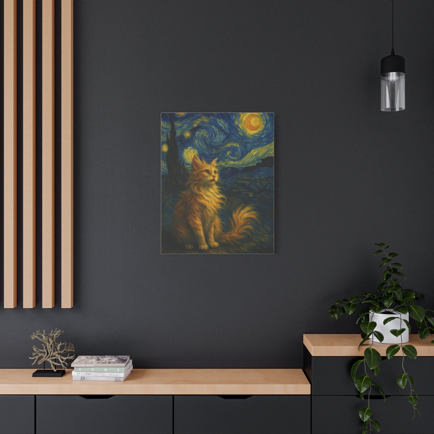 Canvas Print, Cat in Starry Night, Funny Cats, Colourful Vibrant, Matte Wall Art, Stretched Canvas, Home Decor, Gift for Cat Lovers