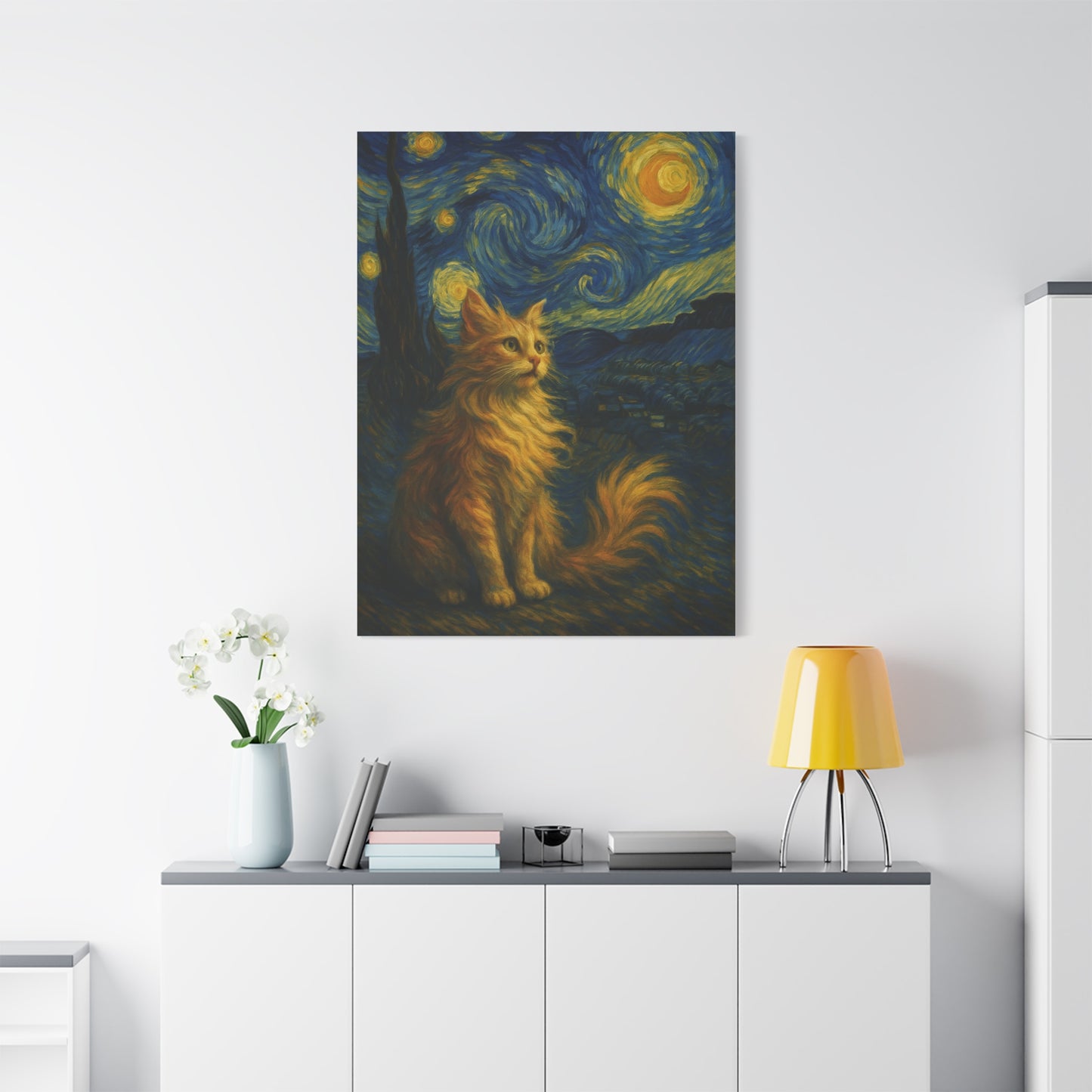 Canvas Print, Cat in Starry Night, Funny Cats, Colourful Vibrant, Matte Wall Art, Stretched Canvas, Home Decor, Gift for Cat Lovers