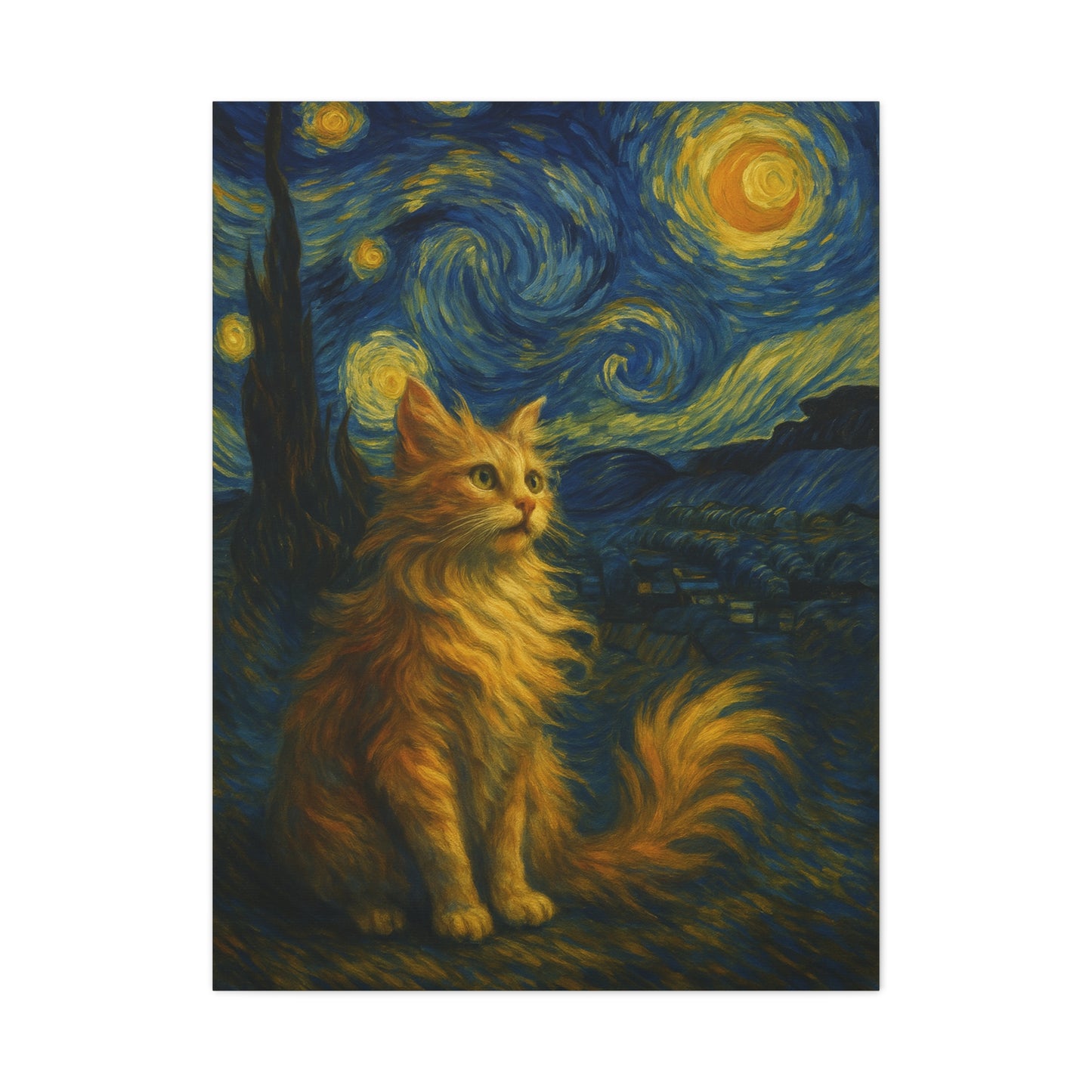 Canvas Print, Cat in Starry Night, Funny Cats, Colourful Vibrant, Matte Wall Art, Stretched Canvas, Home Decor, Gift for Cat Lovers