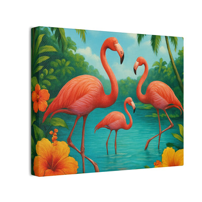 Canvas Wall Art, Tropical Flamingo Scene, Vibrant Nature Decor, Perfect for Living Room, Beach House, Birthday Gift