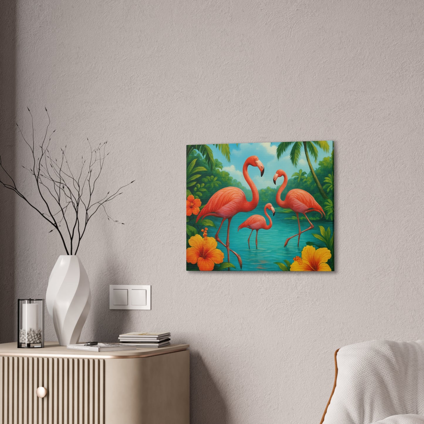 Canvas Wall Art, Tropical Flamingo Scene, Vibrant Nature Decor, Perfect for Living Room, Beach House, Birthday Gift